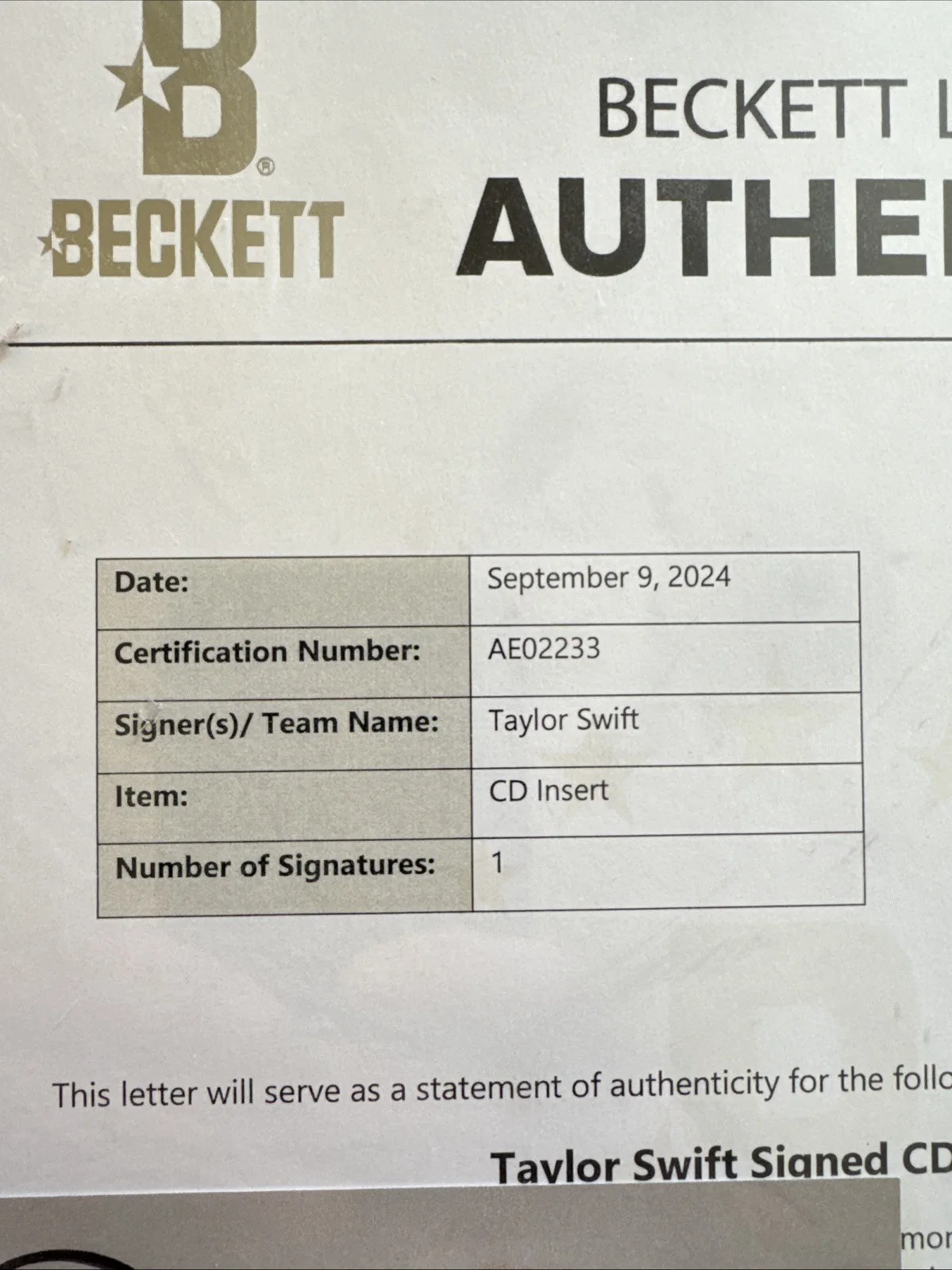 Taylor Swift Signed CD Insert, image 3