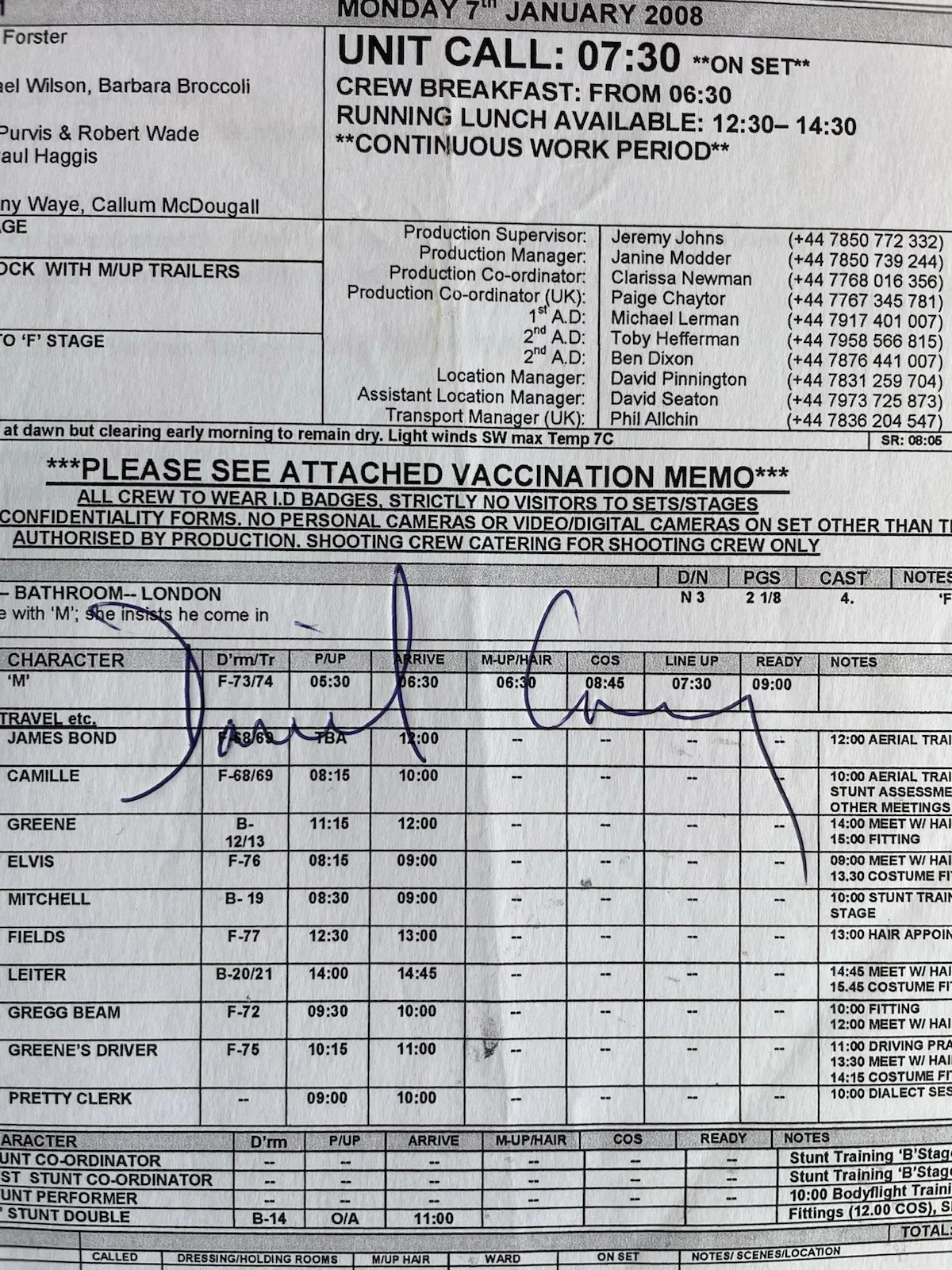 James Bond 007 Daniel Craig Signed Production Sheets Prop, image 2