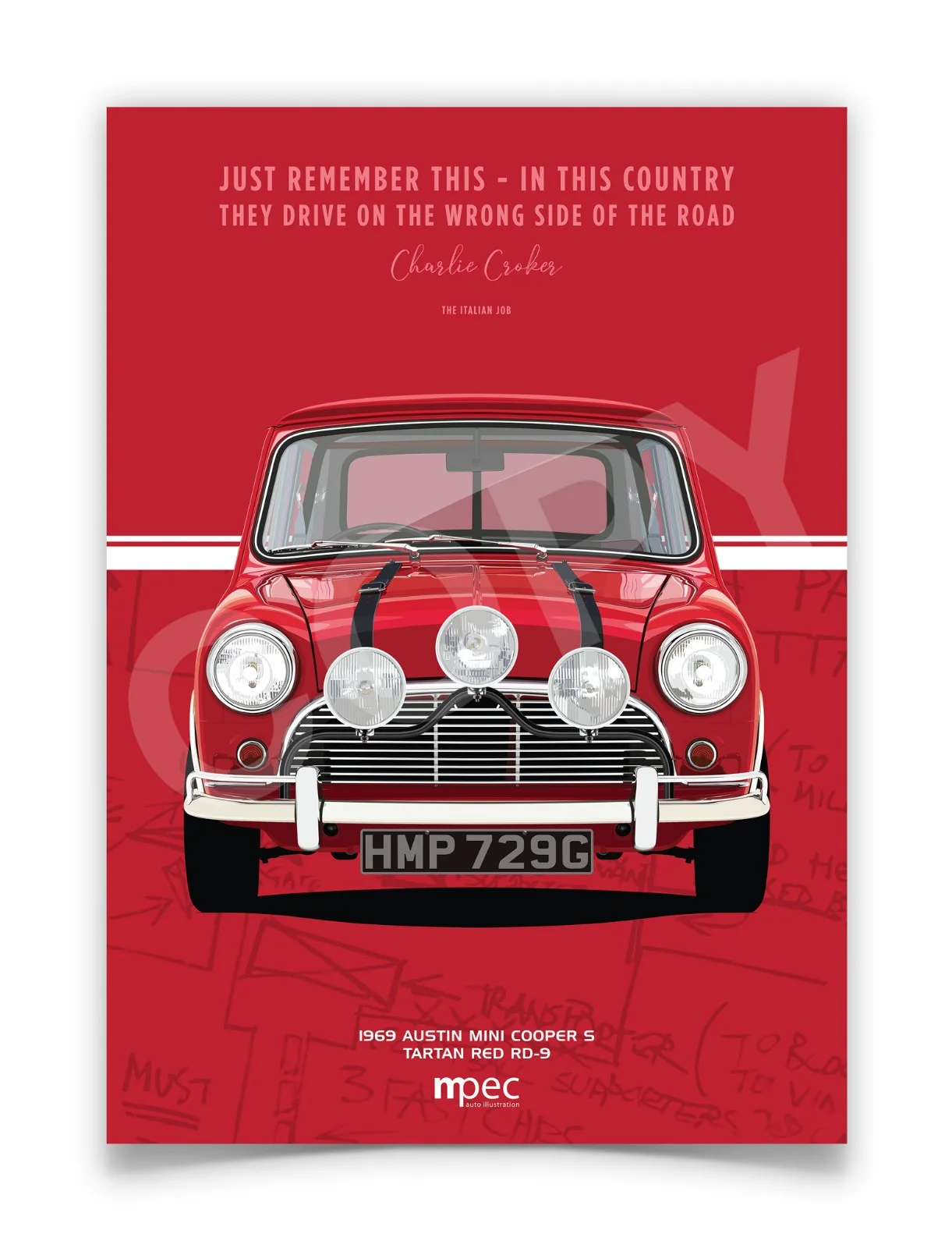 The Italian Job Red Austin Mini Cooper Portrait Quote & Map Poster Various Sizes, изображение 2