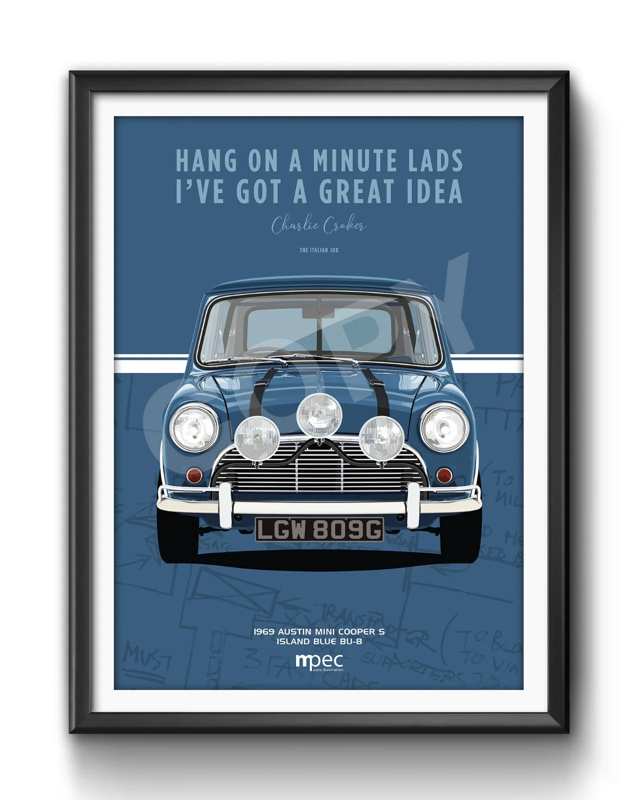 The Italian Job Blue Austin Mini Cooper Portrait & Map Poster. Various Sizes, изображение 2
