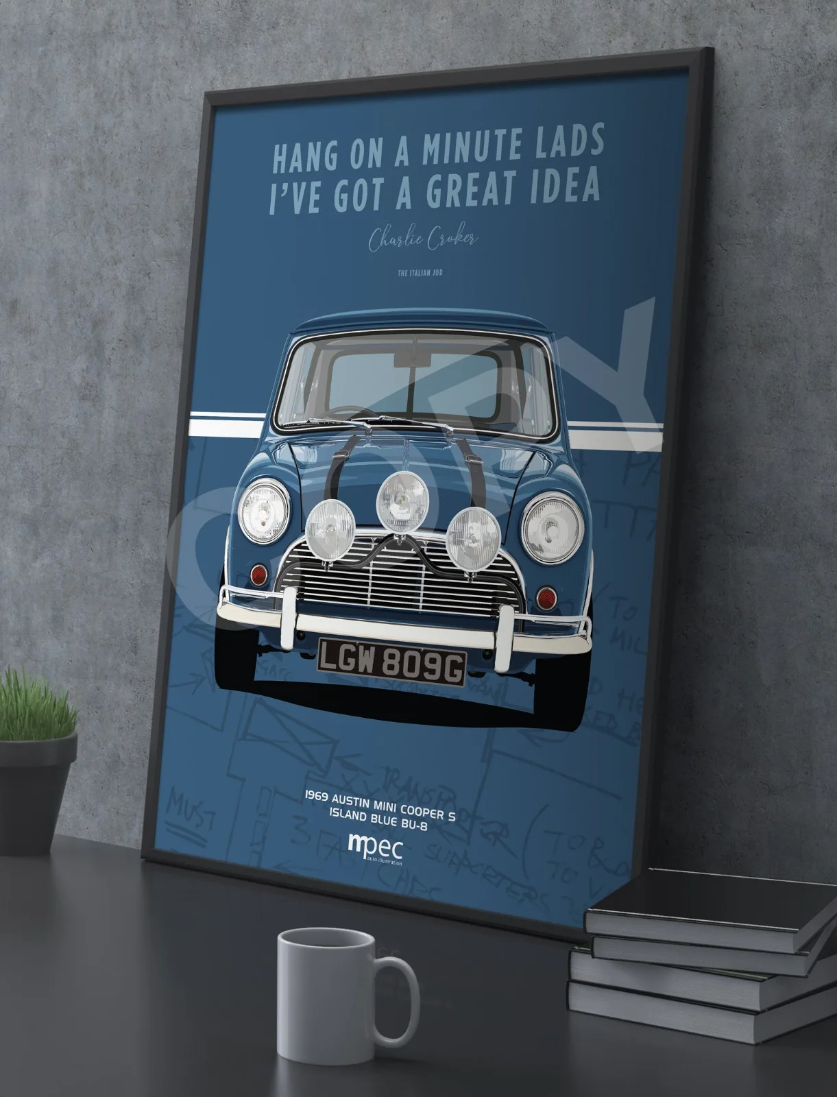 The Italian Job Blue Austin Mini Cooper Portrait & Map Poster. Various Sizes, изображение 3