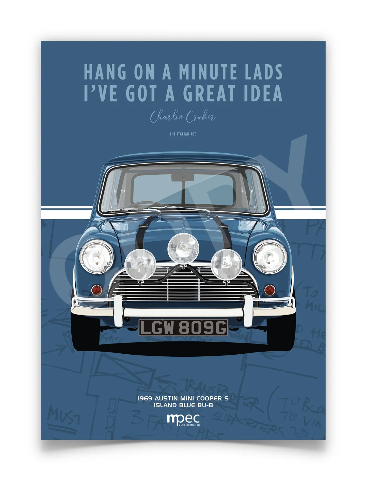 The Italian Job Blue Austin Mini Cooper Portrait & Map Poster. Various Sizes, изображение 4