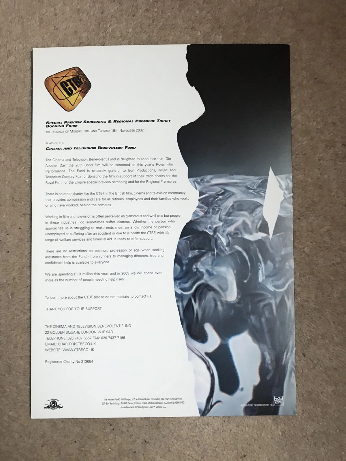 James Bond Die Another Day Premiere Ticket Booking Form, image 2