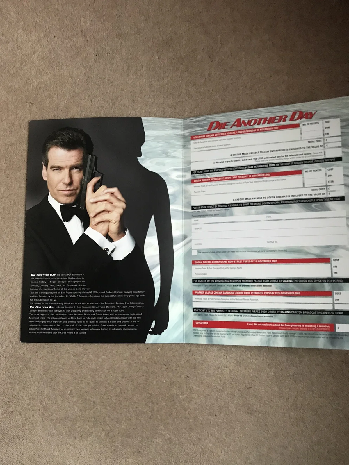 James Bond Die Another Day Premiere Ticket Booking Form, image 3