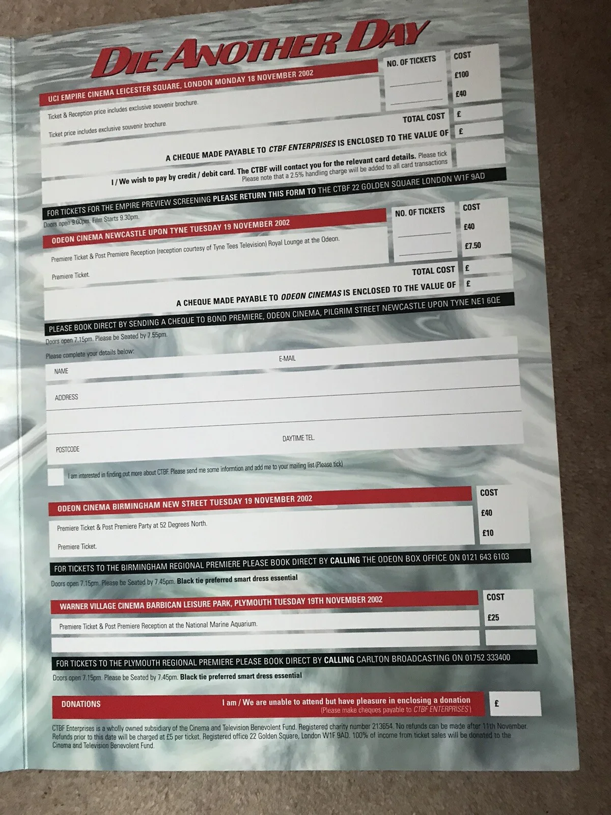 James Bond Die Another Day Premiere Ticket Booking Form, image 5
