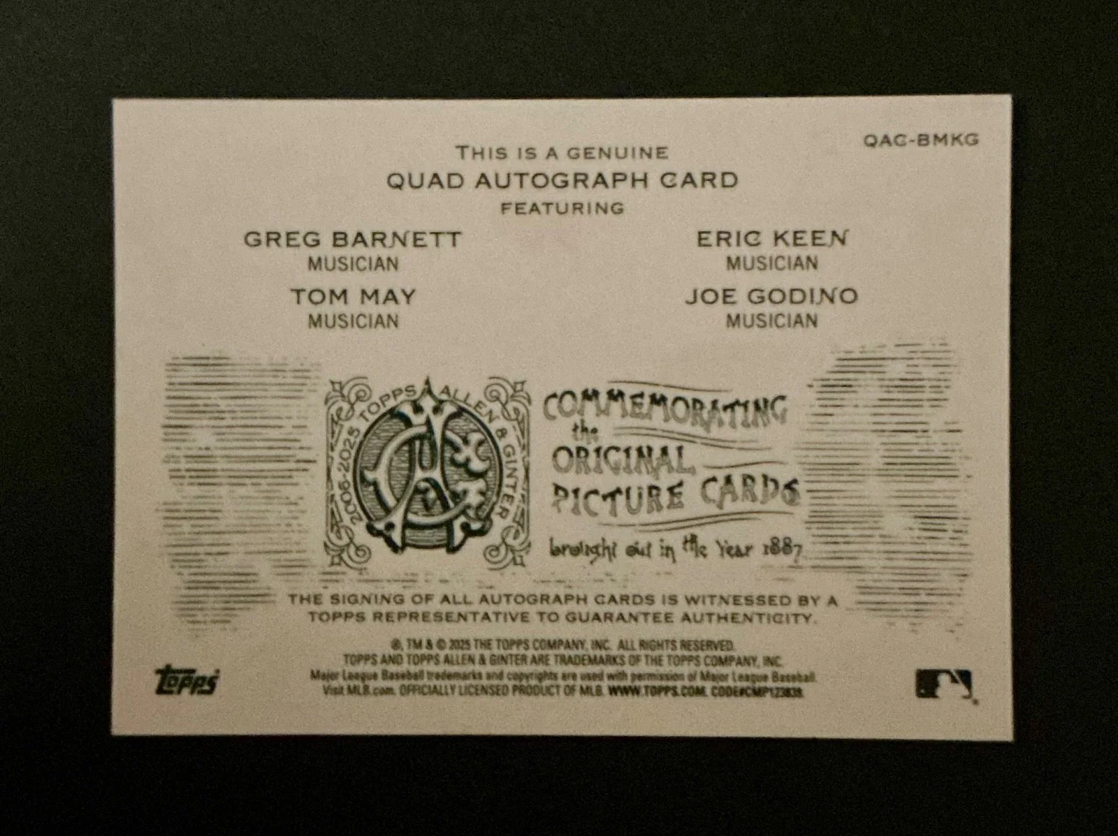Greg Barnett, Tom May, Eric Keen, Joe Godino — 2025 Allen & Ginter Quad Autograph Musicians The Menzingers Red Ink /10 QAG-BMKG, изображение 2