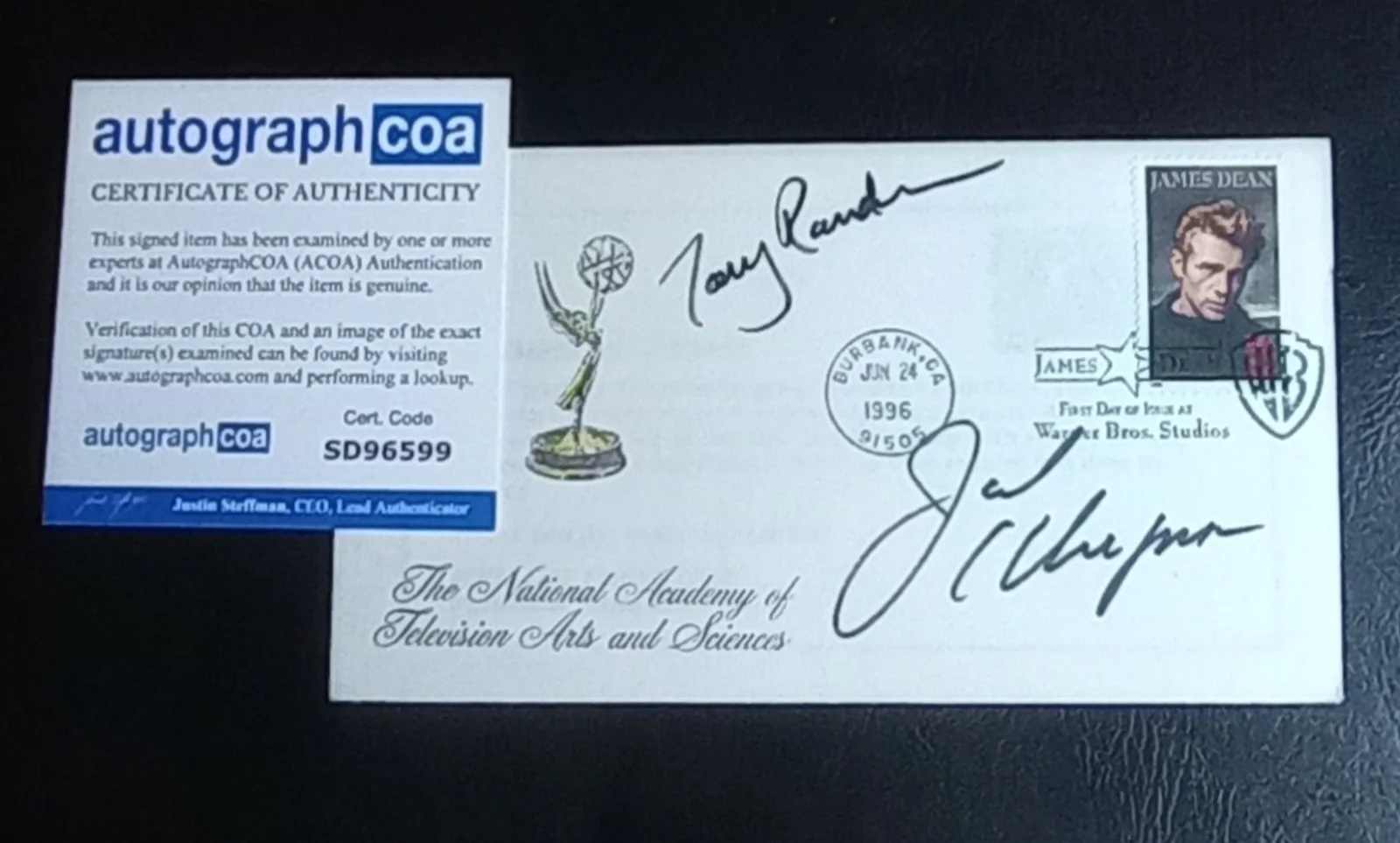 Tony Randall, Jack Klugman — Tony Randall & Jack Klugman Signed 1996 NATAS FDC Envelope (ACOA), image 2