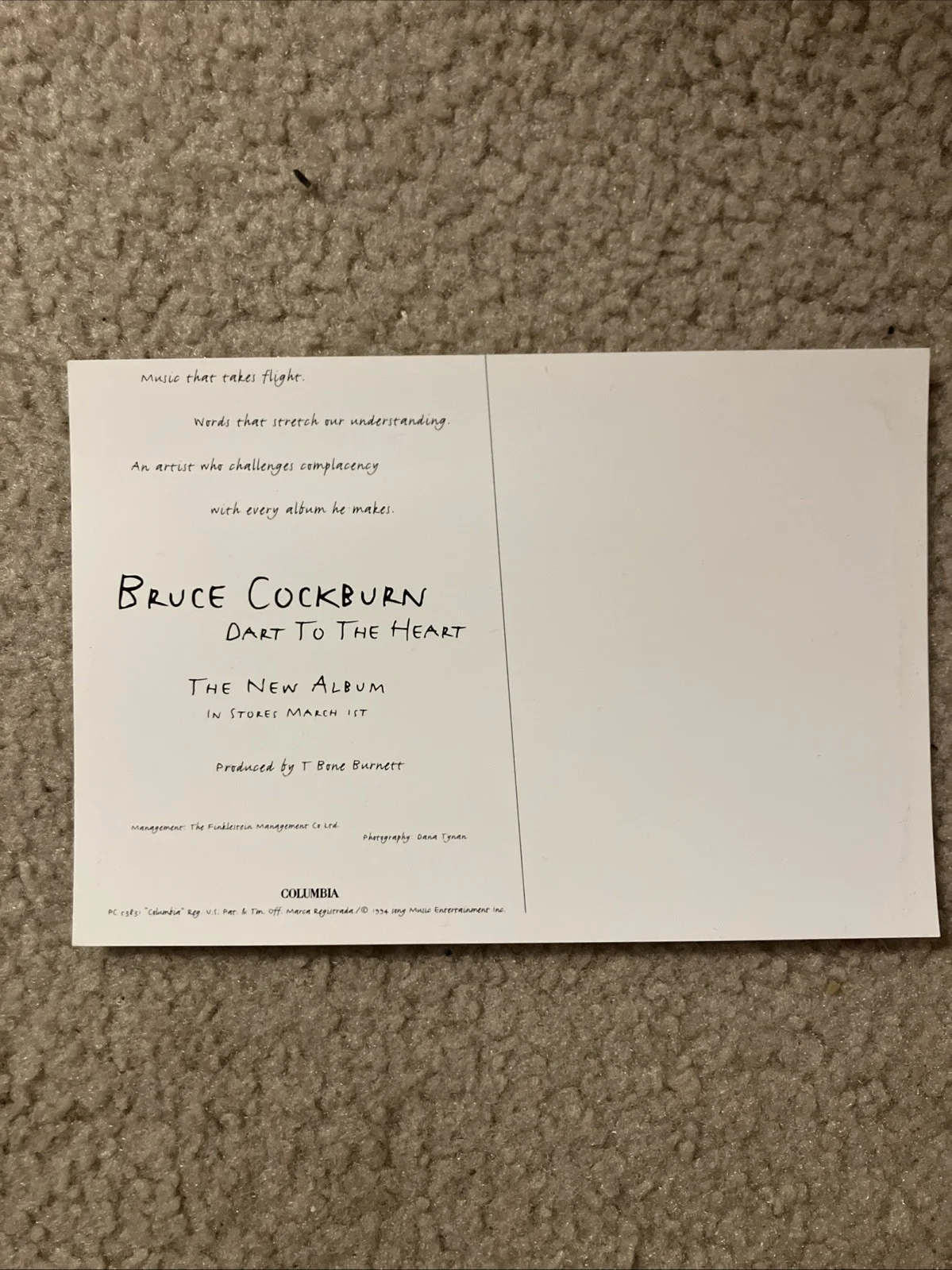 BRUCE COCKBURN REAL Dart to the Heart Promo POSTCARD *Autographed* 5x7” SIGNED, изображение 2