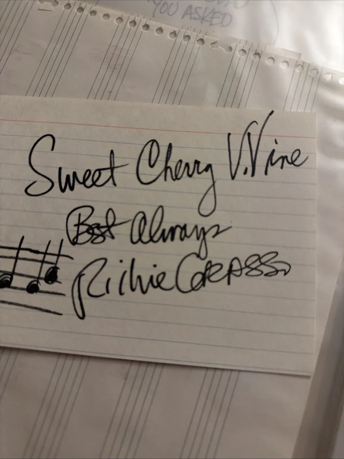 Richie Carass Signed Autograph Index Card w/ Music Notes Inscription, изображение 2