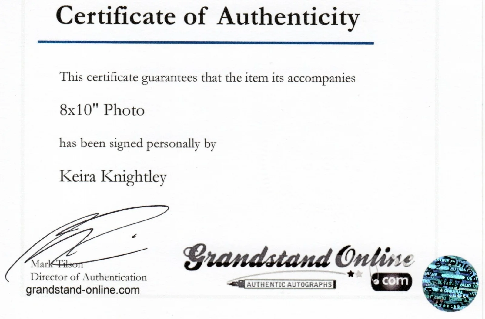 Keira Knightley Autographed 8x10 Photo 14 w/ COA, image 2