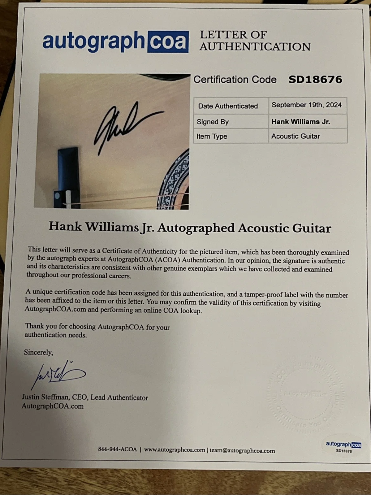 HANK WILLIAMS JR SIGNED AUTOGRAPHED ACOUSTIC GUITAR ACOA LOA COUNTRY STAR, image 3