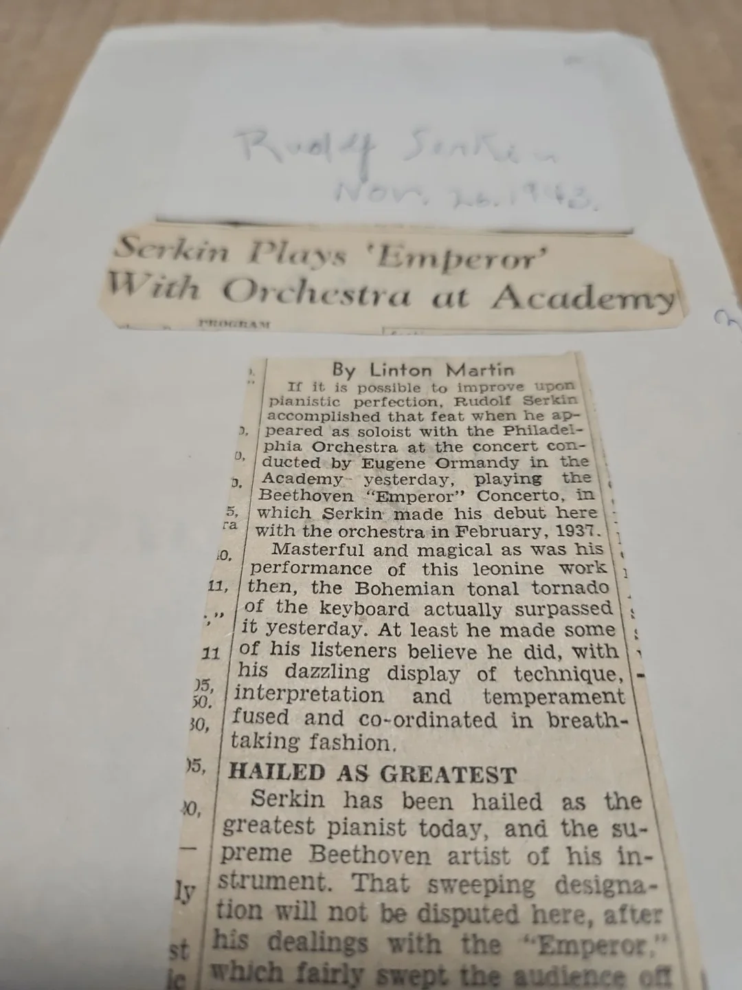 Rudolf Serkin Signed Card W/ Article. Austrian-American Pianist, image 4