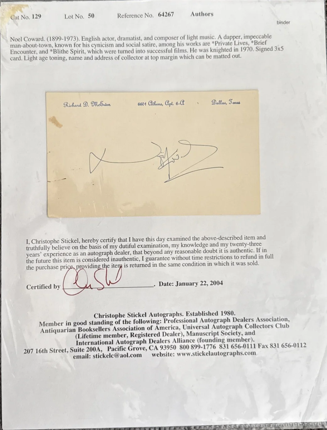 Noel Coward Signed Autograph 3x5 Card – COA Authentic Playwright, image 3