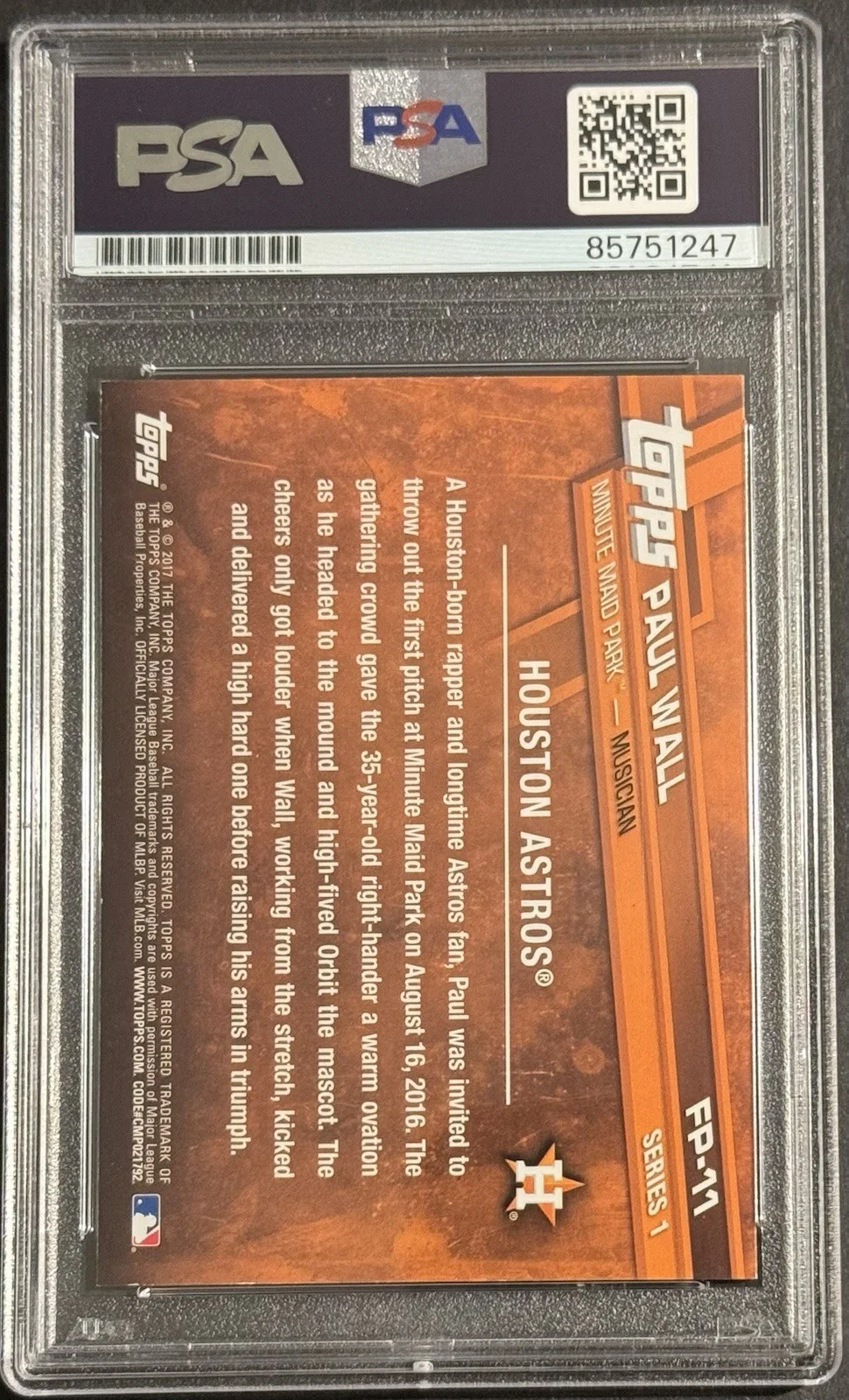 Paul Wall Signed 2017 Topps First Pitch Astros Card PSA/DNA Slabbed, image 2