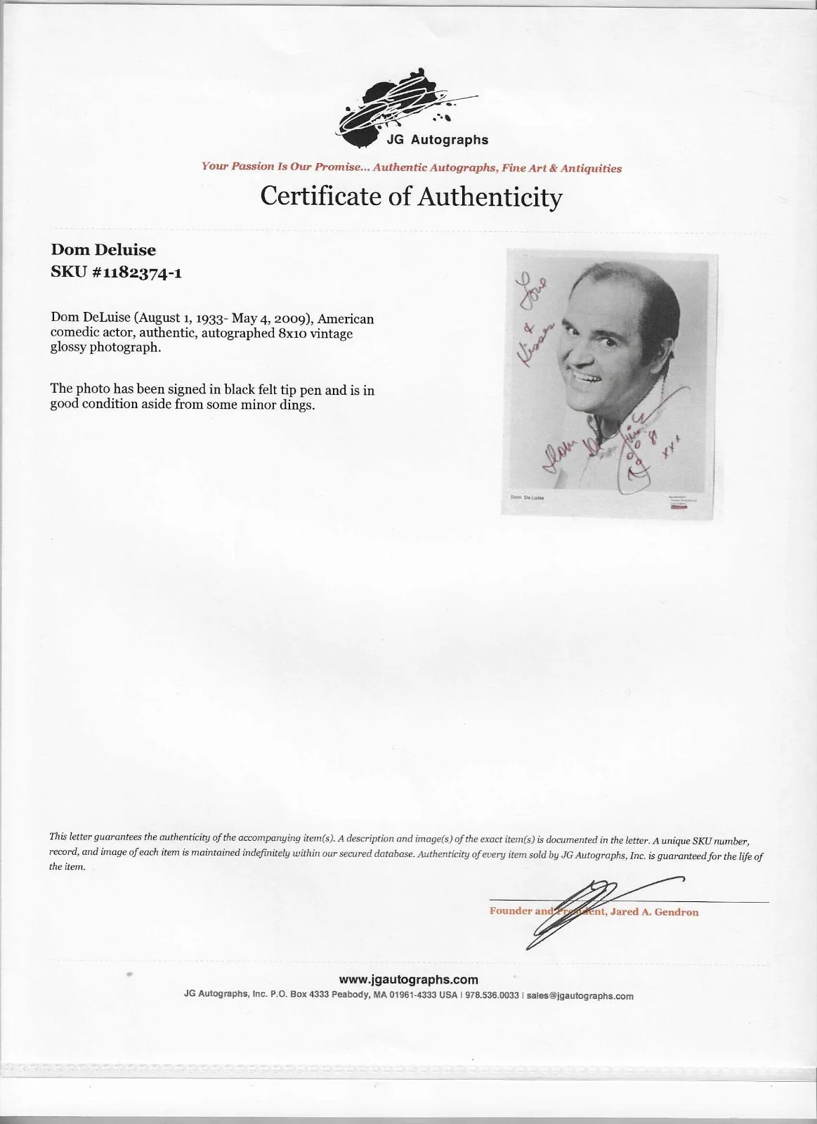 DOM DELUISE — UNIQUE DOM DELUISE AUTOGRAPHED 8X10 PICTURE-ACTOR--COMEDY MOVIES COA, изображение 2