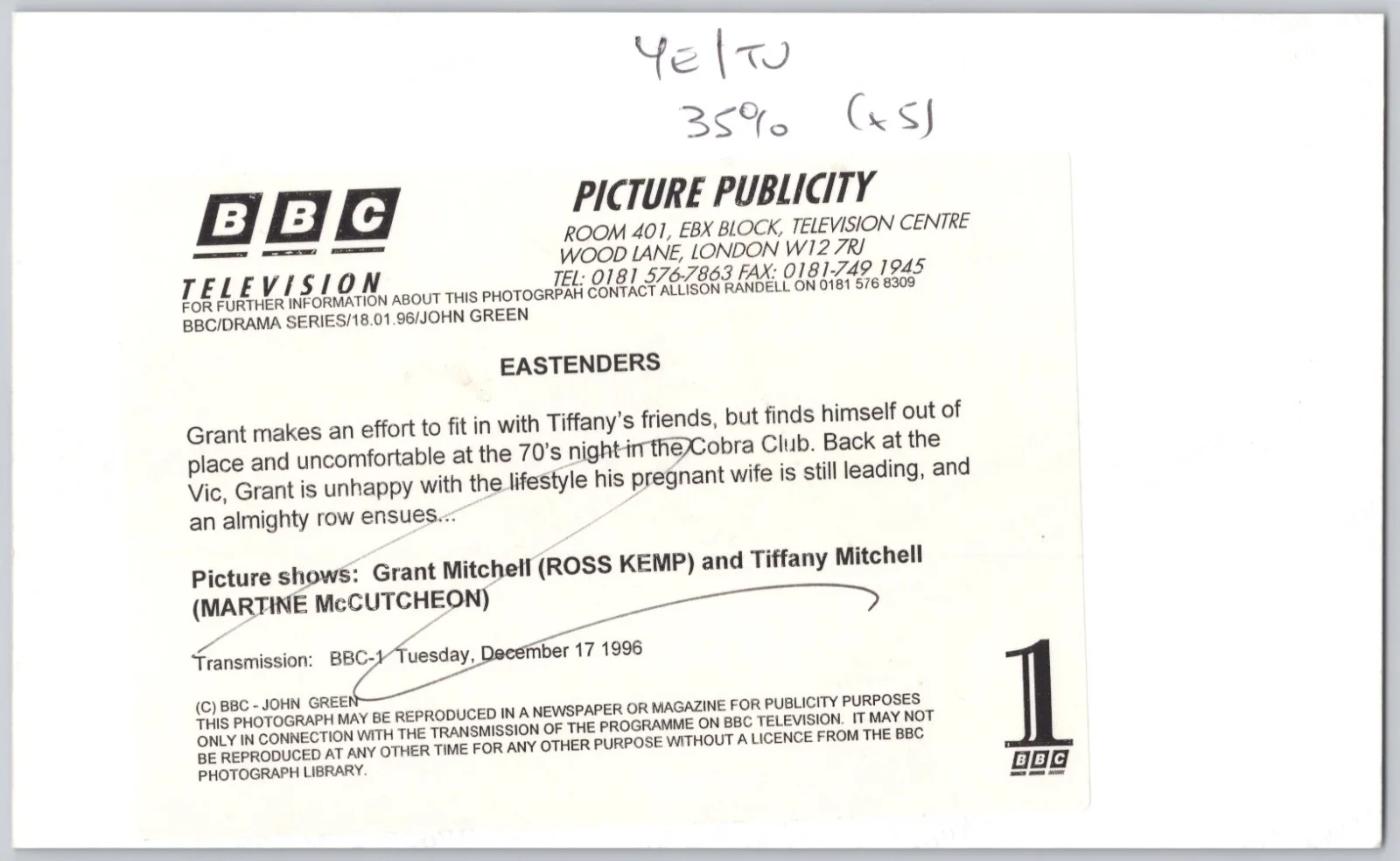 Eastenders BBC Photo 8 x 5 in Movie Still Ross Kemp & Martine McCutcheon, изображение 2