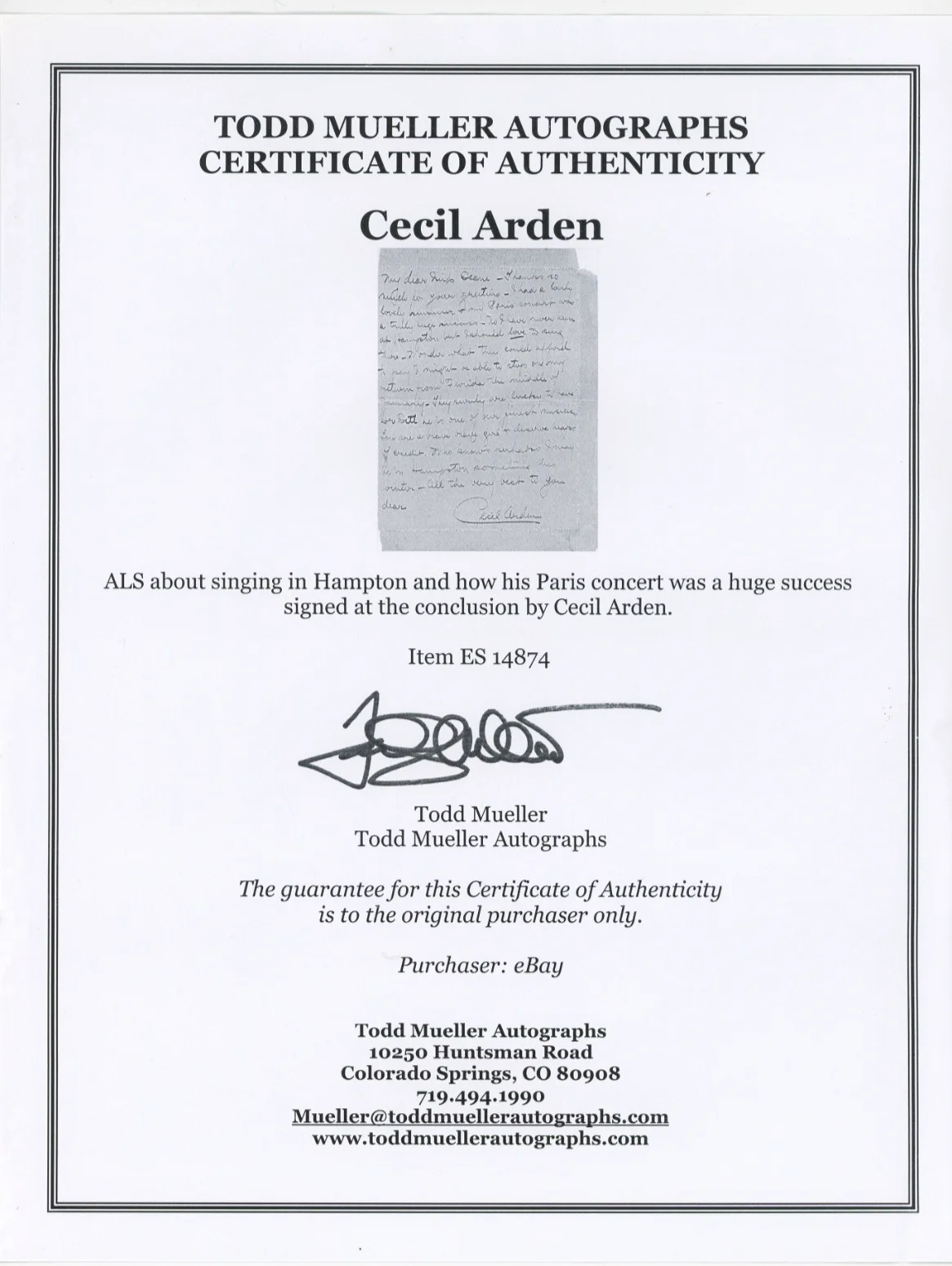 Cecil Arden - Signed Vintage Handwritten Note, image 3