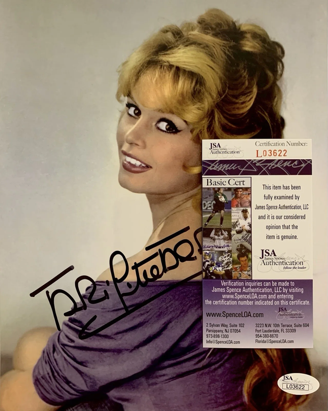 Brigitte Bardot — Brigitte Bardot Autographed Signed 8x10 Glossy Photo - JSA Cert L03622, image 2
