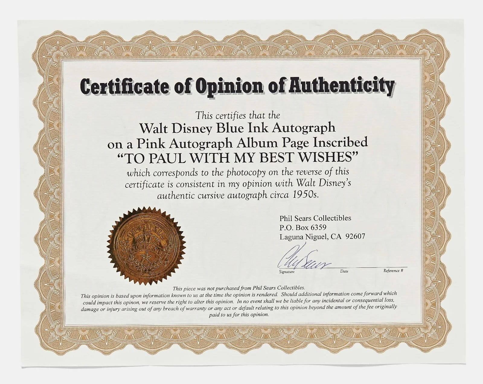 Walt Disney Vintage Large Signature Signed Page Autograph -- With Phil Sears COA, image 3