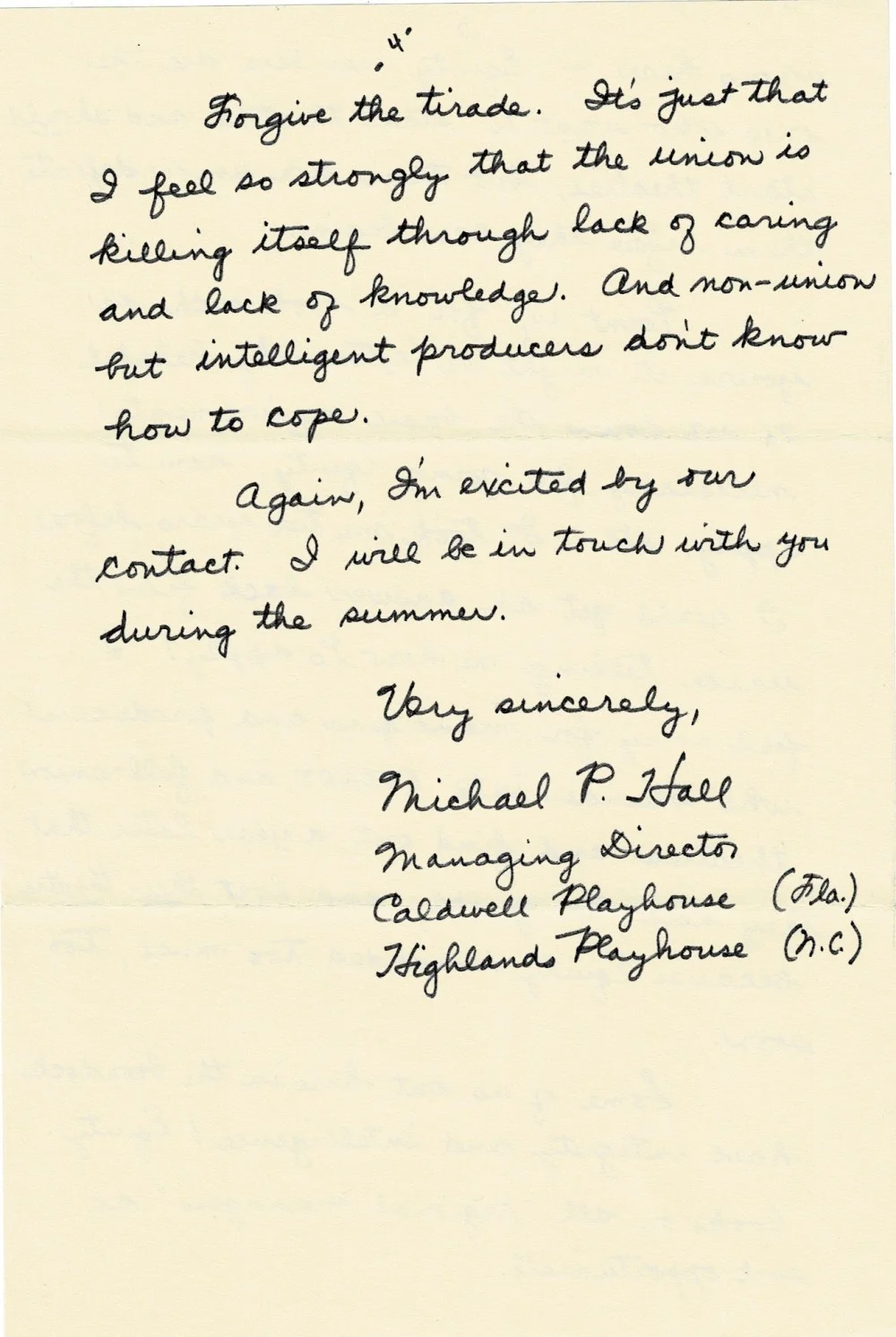 Michael P. Hall — 4-page AUTOGRAPH LETTER by MICHAEL HALL , Caldwell Theatre Co., Boca Raton, FL, изображение 4