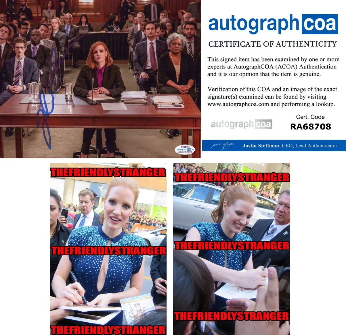 JESSICA CHASTAIN — Jessica Chastain signed "MISS SLOANE" 8x10 Photo Autographed PROOF Sexy ACOA COA