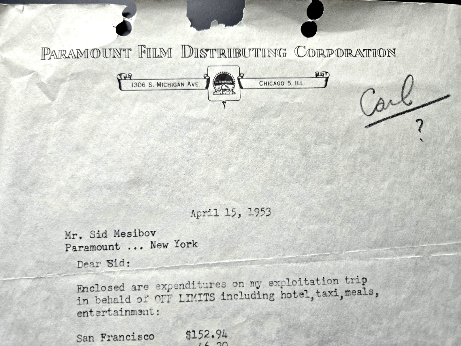 RARE 1953 SOCIETY KID HOGAN Letter - OFF LIMITS Film Promotion - PARAMOUNT FILMS, изображение 2