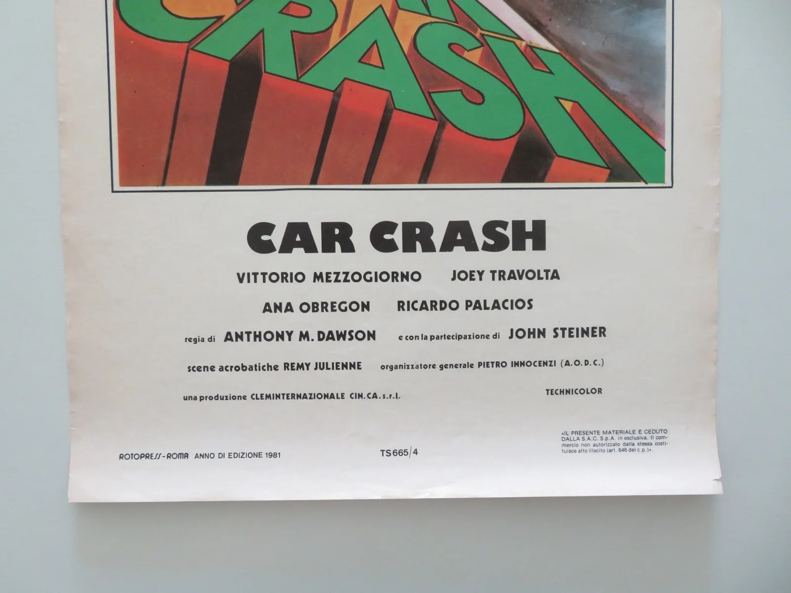 CAR CRASH ITALIAN LOCANDINA POSTER JOEY TRAVOLTA VITTORIO MEZZOGIORNO 1981, изображение 4