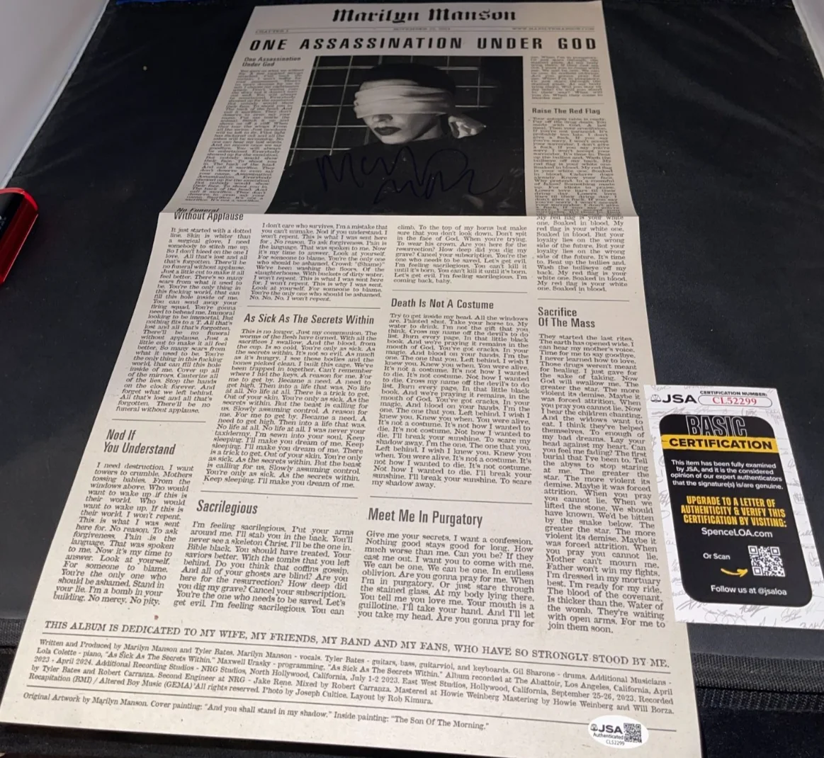 Marilyn Manson One Assassination Under God Autographed Signed Album Insert JSA, image 2