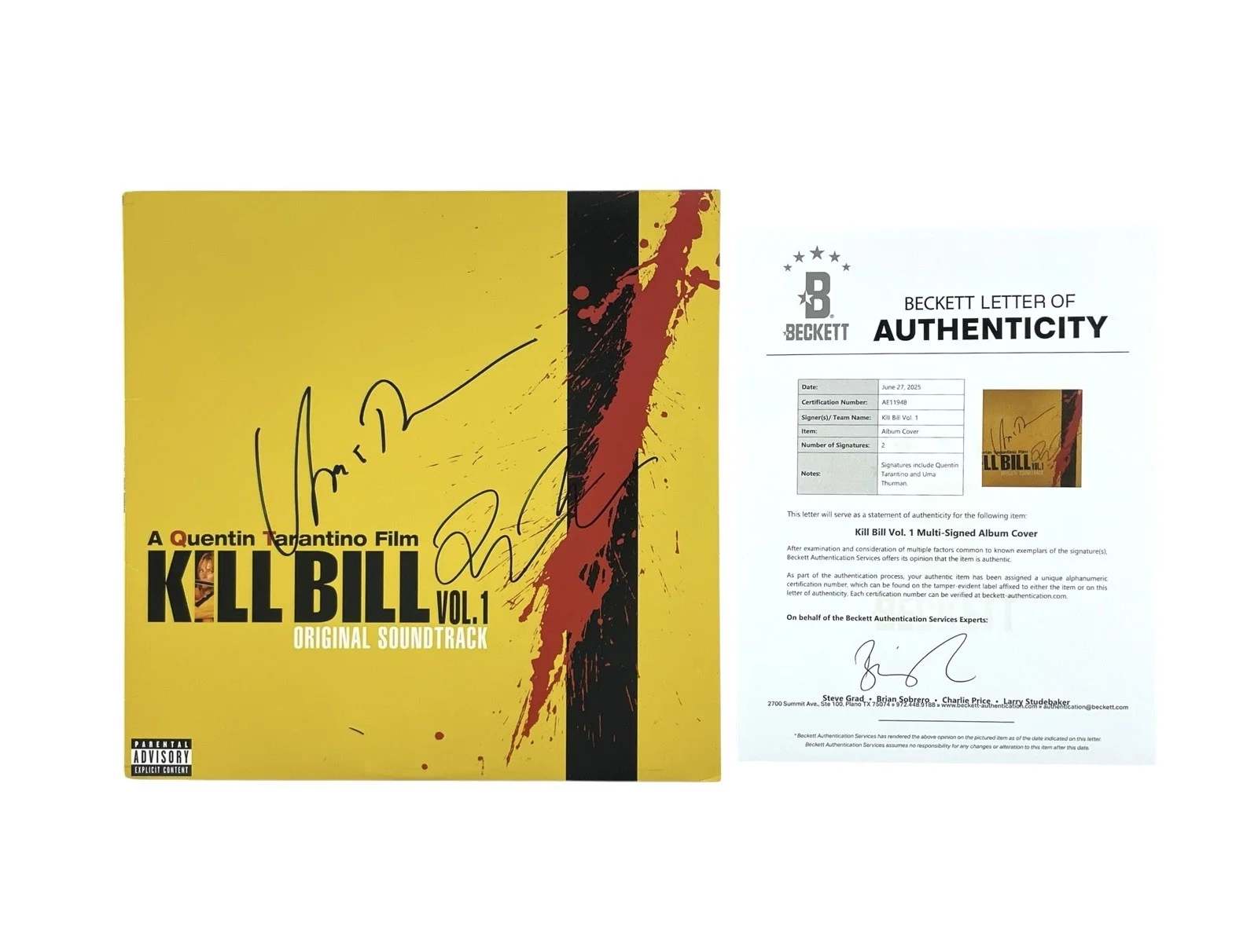 Uma Thurman And Quentin Tarantino — Kill Bill Vol. 1 Quentin Tarantino Uma Thurman Signed Vinyl Movie Soundtrack BAS