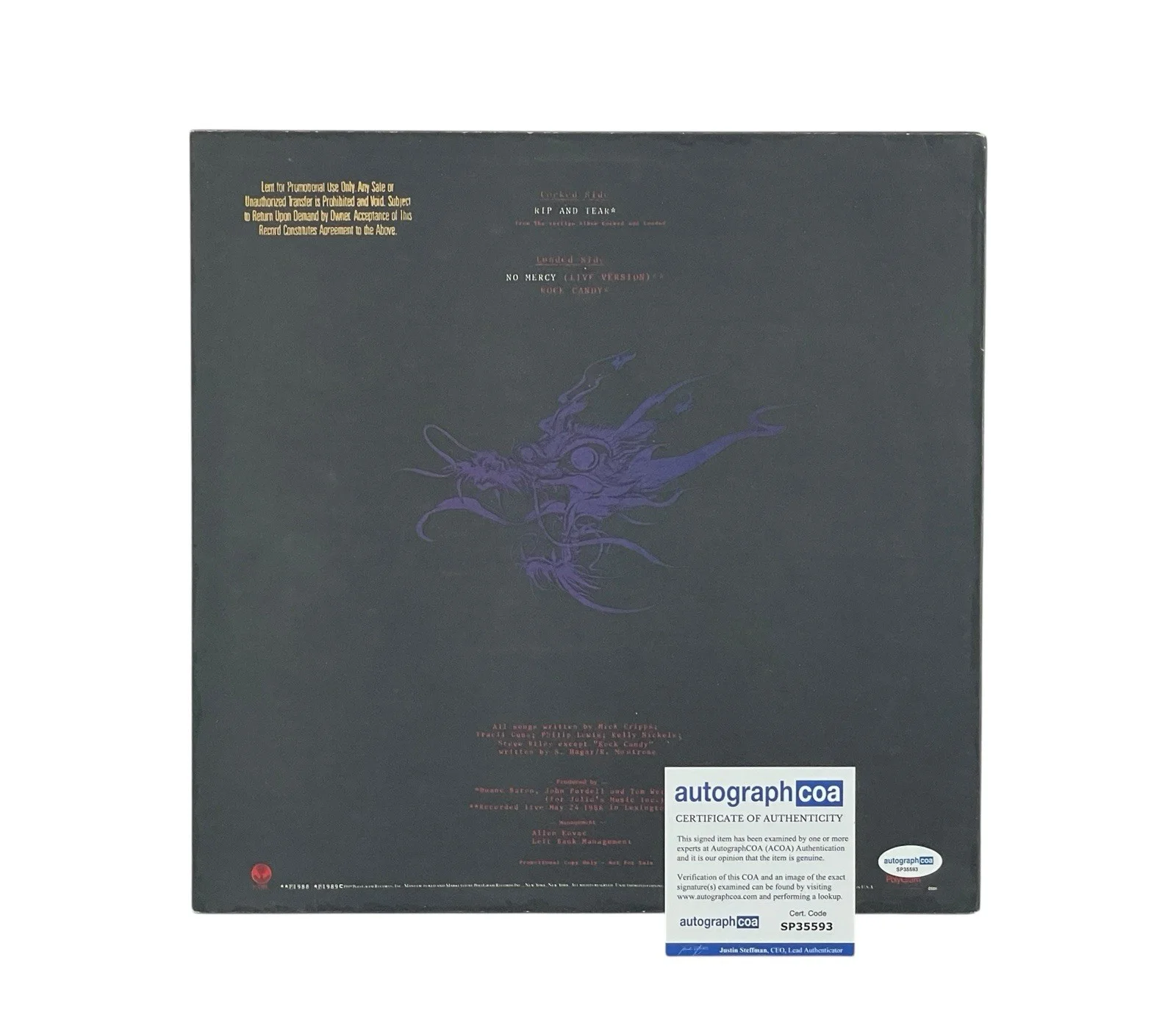 L.A. Guns Phil Lewis Signed Rip and Tear Gold-Stamped Promo 12” Vinyl Record COA, изображение 3