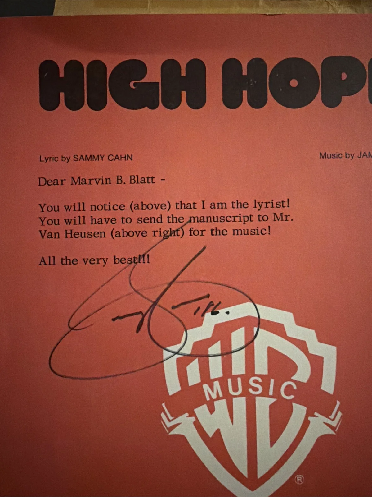 SAMMY CAHN Signed High Hopes Sheet Music Inscribed Autograph Hollywood Oscar, изображение 2