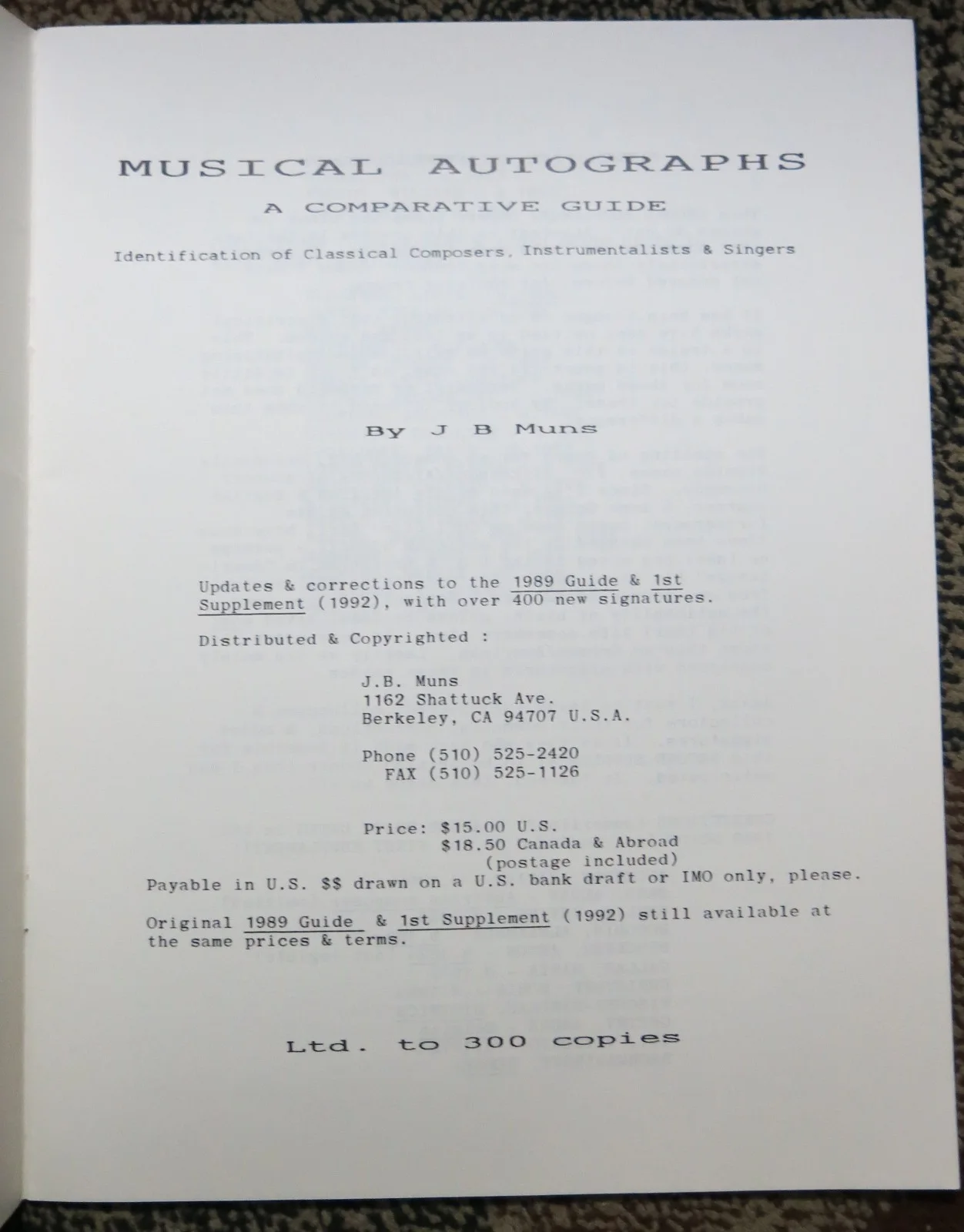 Musical Autographs A Comparative Guide (2nd Supplement 1994) by J.B. Muns., image 2