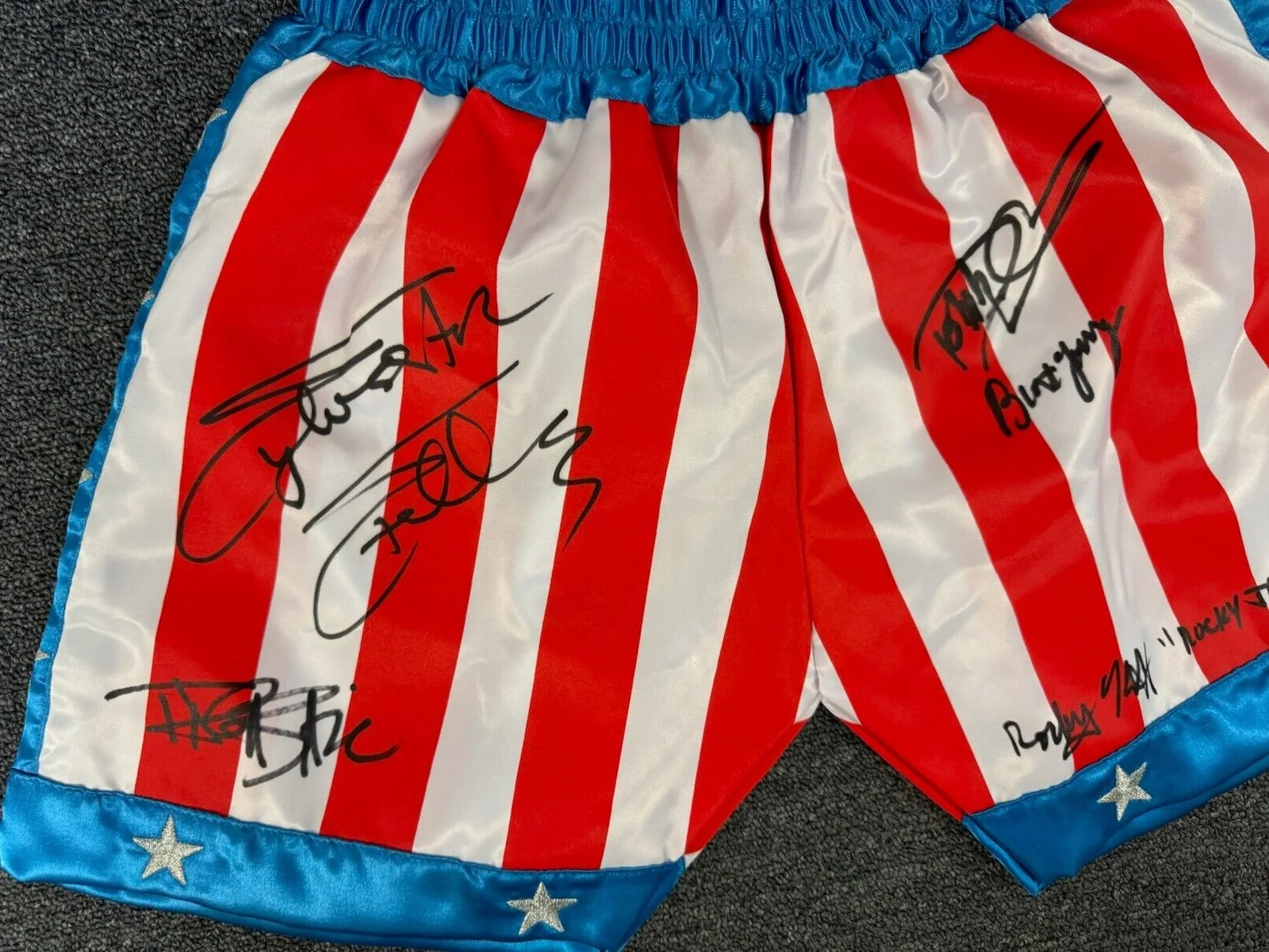 Sylvester Stallone, Cast — Sylvester Stallone, Shire & Cast Autographed ROCKY IV Trunks ASI Proof, image 2
