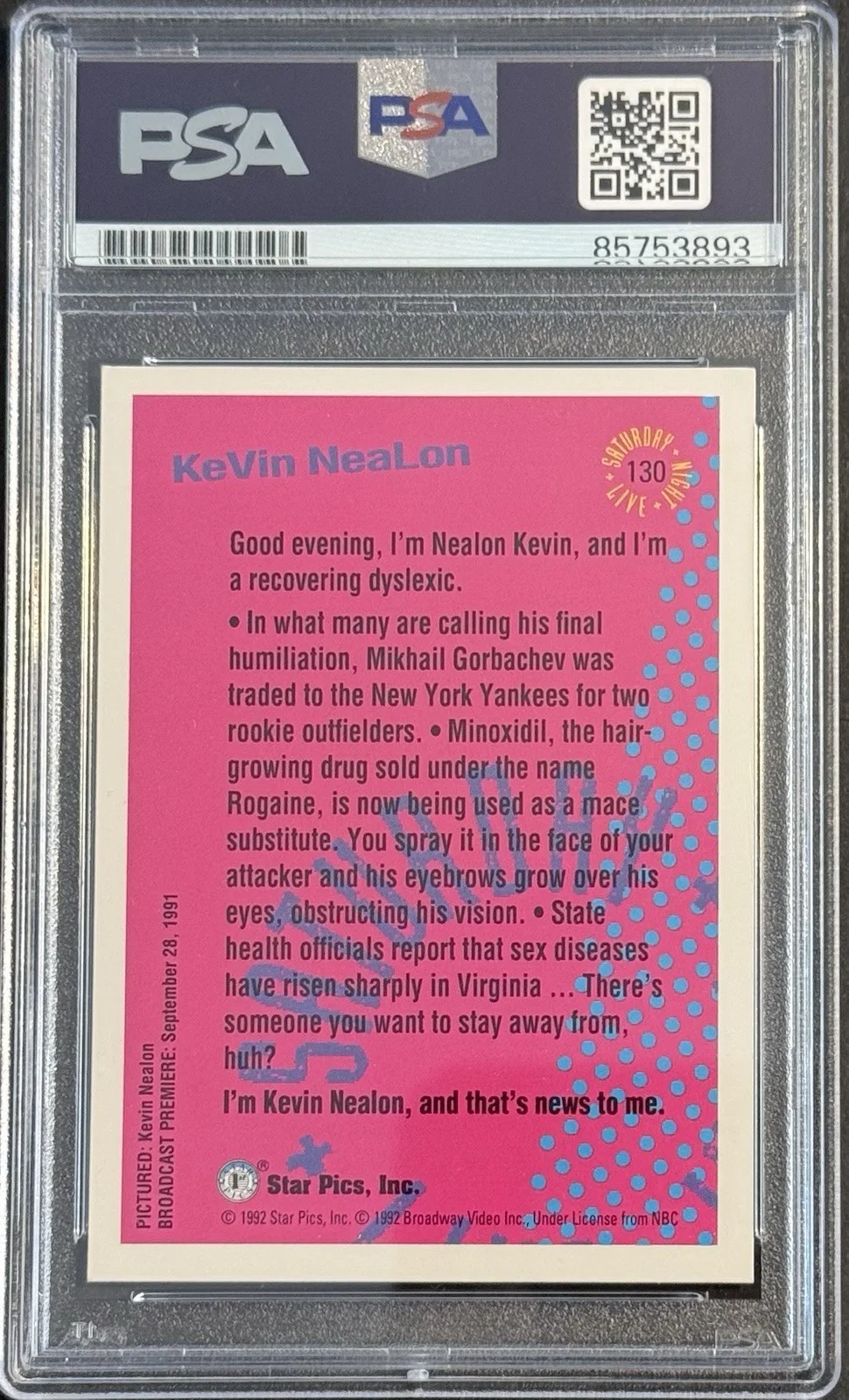 Kevin Nealon — Kevin Nealon Signed 1992 Star Pic Trading Card PSA/DNA Slabbed Funny Guy, изображение 2