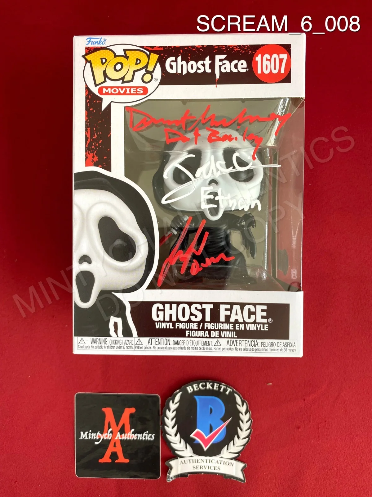 Jack Champion, Liana Liberato, Dermot Mulroney — Ghostface Scream cast signed Funko Pop #1607 Champion Liberato Mulroney Beckett