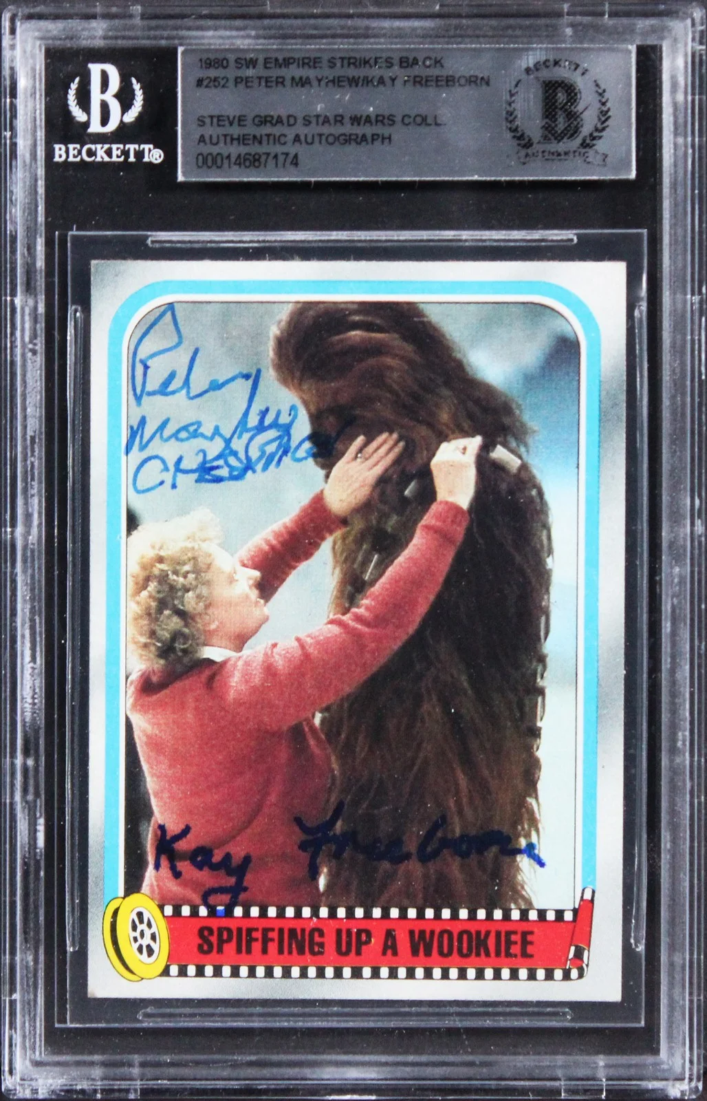 Peter Mayhew & Kay Freeborn — (2) Mayhew & Freeborn "w/ Insc" Signed 1980 Star Wars ESB #252 Card BAS Slab 1