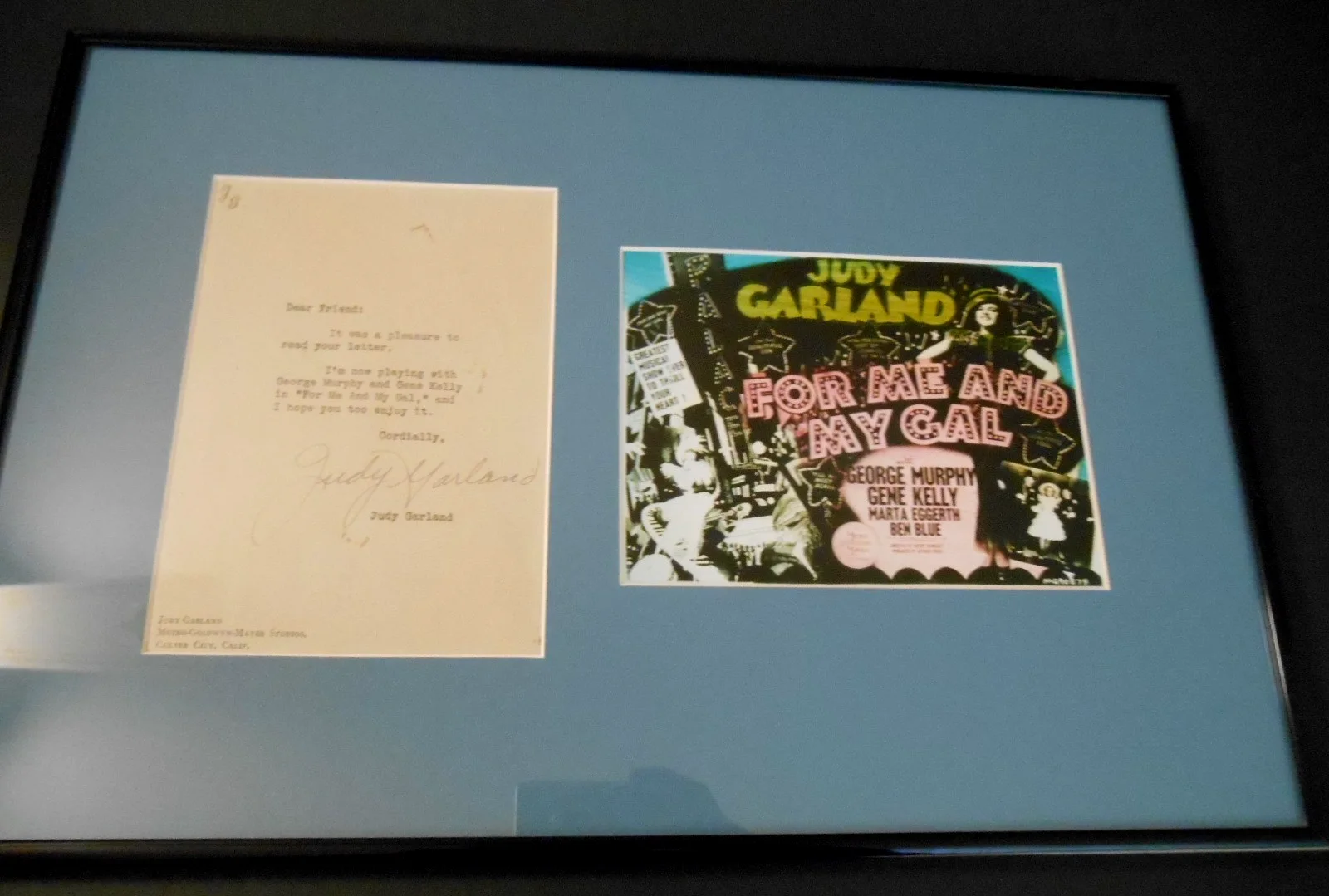 Judy Garland — Judy Garland Autographed Signed MGM Stationary Framed Auto 16x11 COA C.1940's