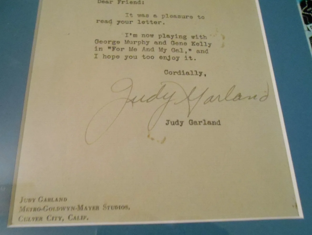 Judy Garland — Judy Garland Autographed Signed MGM Stationary Framed Auto 16x11 COA C.1940's, image 2