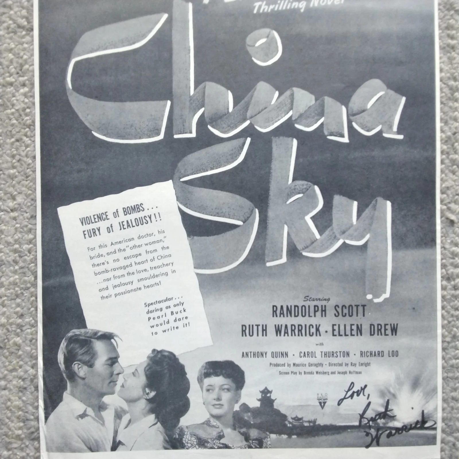 Ruth Warrick SIGNED 1945 Movie Ad China Sky Randolph Scott Pearl Buck RKO War, изображение 2
