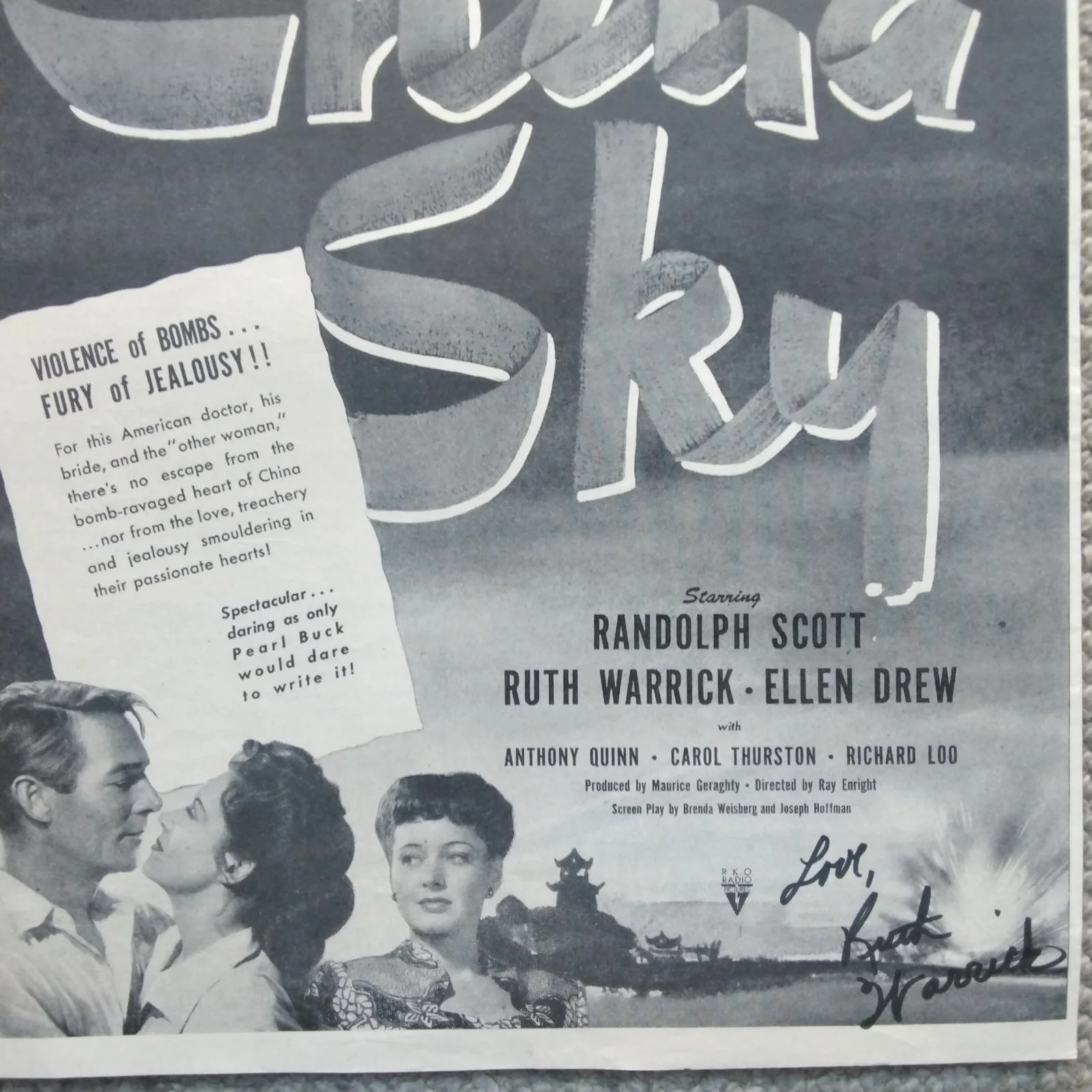 Ruth Warrick SIGNED 1945 Movie Ad China Sky Randolph Scott Pearl Buck RKO War, изображение 3