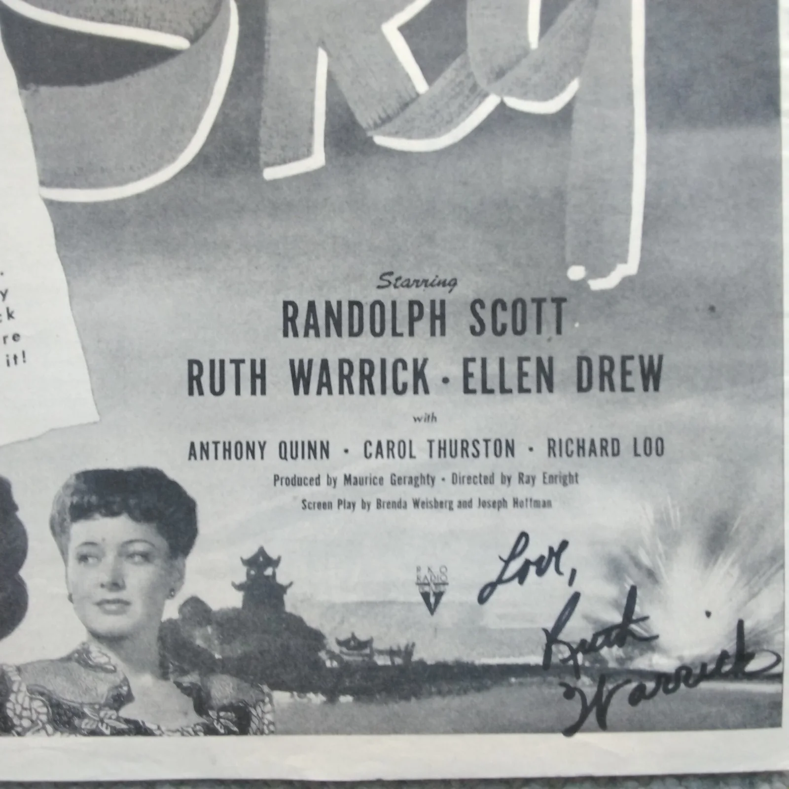 Ruth Warrick SIGNED 1945 Movie Ad China Sky Randolph Scott Pearl Buck RKO War, изображение 4