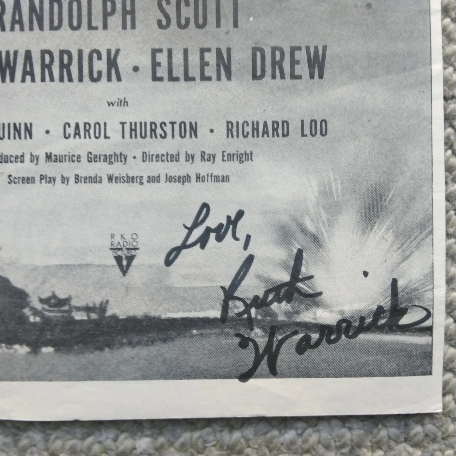 Ruth Warrick SIGNED 1945 Movie Ad China Sky Randolph Scott Pearl Buck RKO War, изображение 5