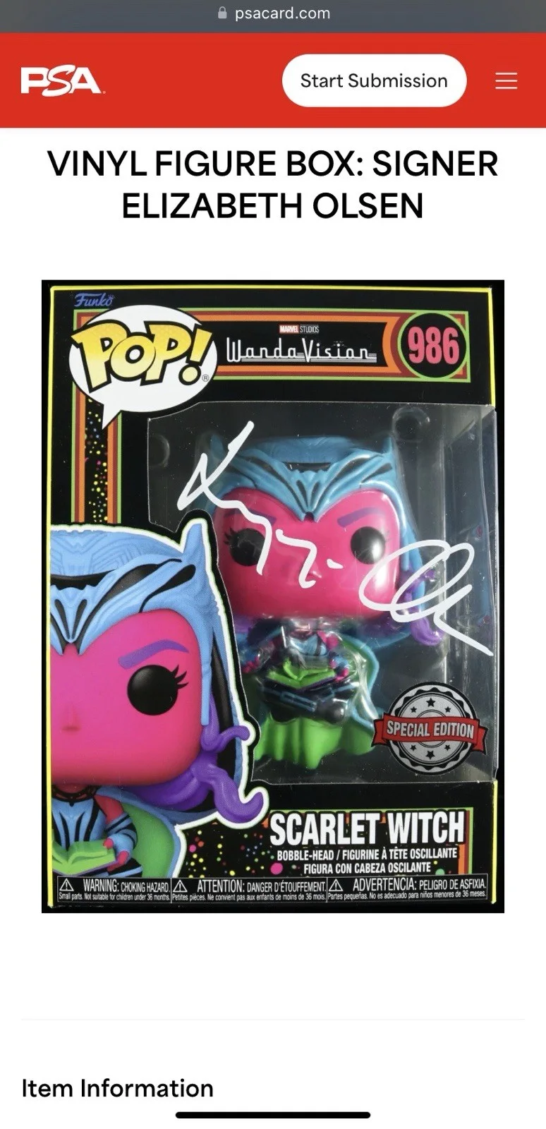 Elizabeth Olsen — Elizabeth Olsen Signed Wandavision Scarlet Witch Funko Pop 986 (PSA COA), image 5