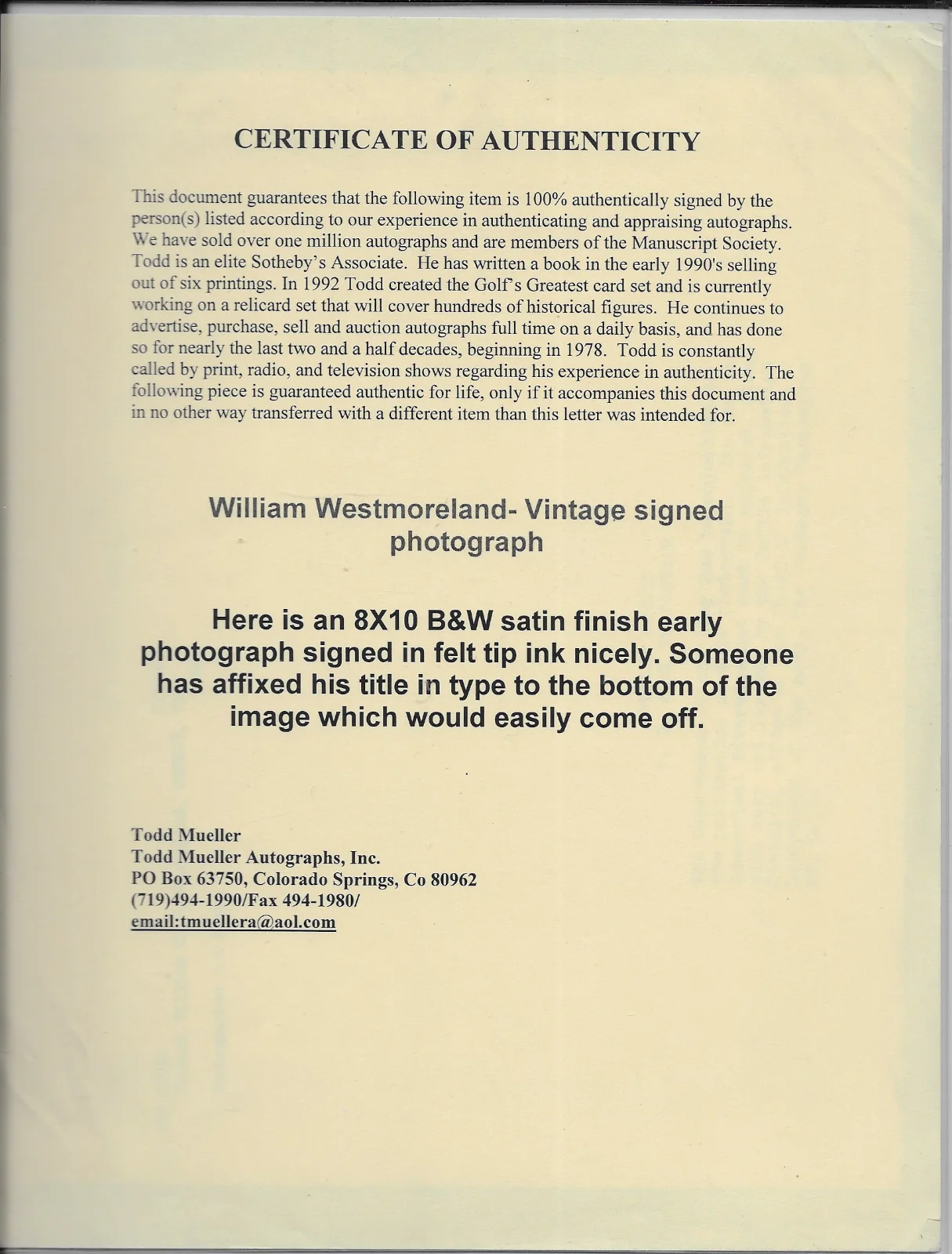 Gen William Westmoreland — William Westmoreland signed photo, image 2