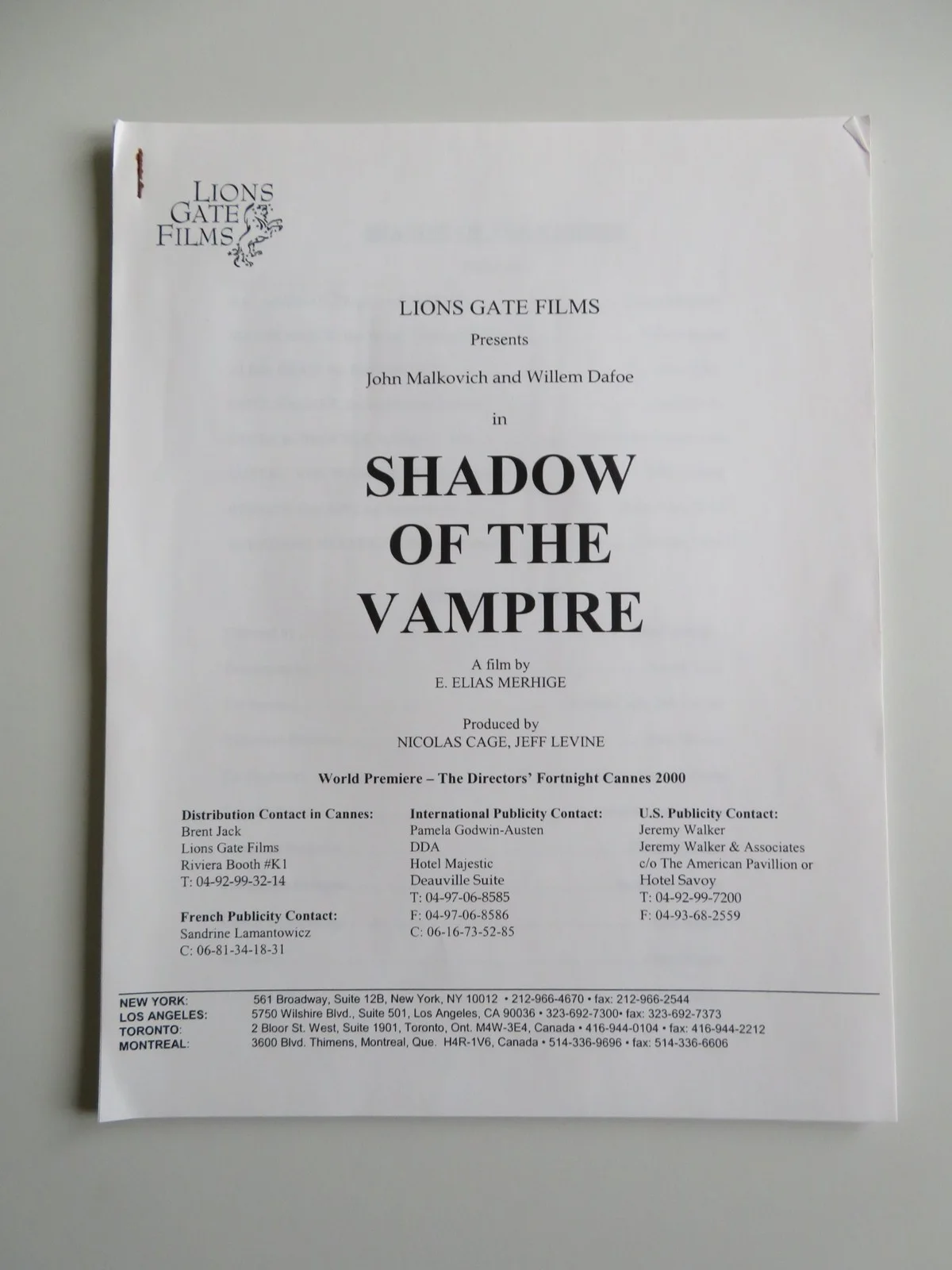 SHADOW OF THE VAMPIRE PRESS KIT 2000 JOHN MALKOVICH WILLEM DAFOE, изображение 4