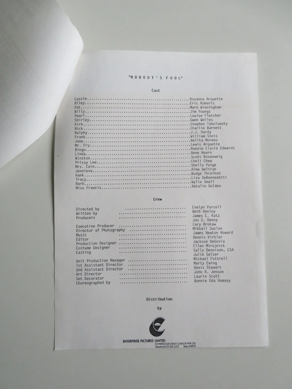 NOBODY'S FOOL PRESS KIT 1986 ERIC ROBERTS ROSANNA ARQUETTE, изображение 5