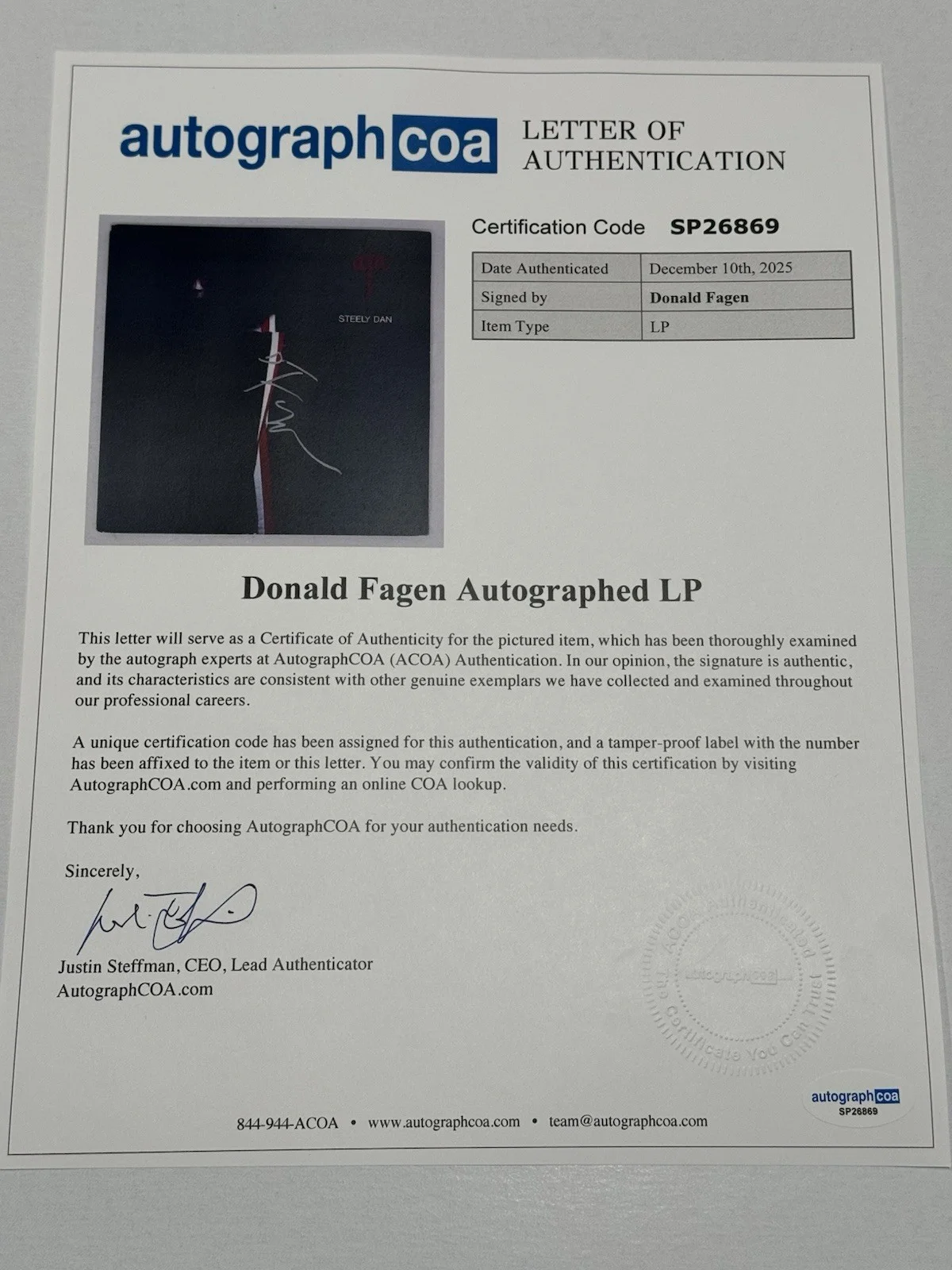 Donald Fagen Steely Dan Signed Autograph Steely Dan Aja Vinyl Record Album ACOA, изображение 3