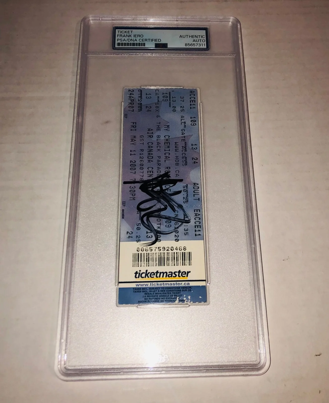 Frank Iero My Chemical Romance The Black Parade Tour Signed Ticket Stub PSA RARE, image 3