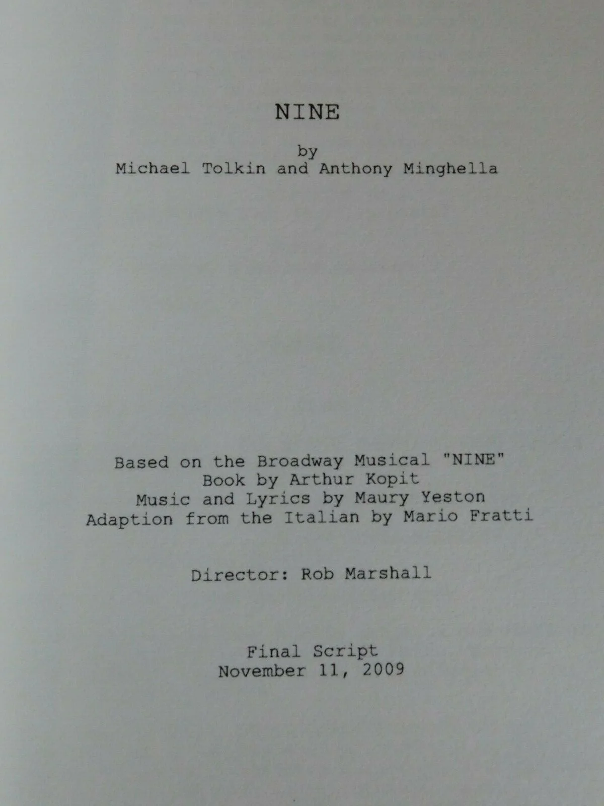 Nine 2009 Tolkin & Minghella FYC Screenplay book S6, image 2