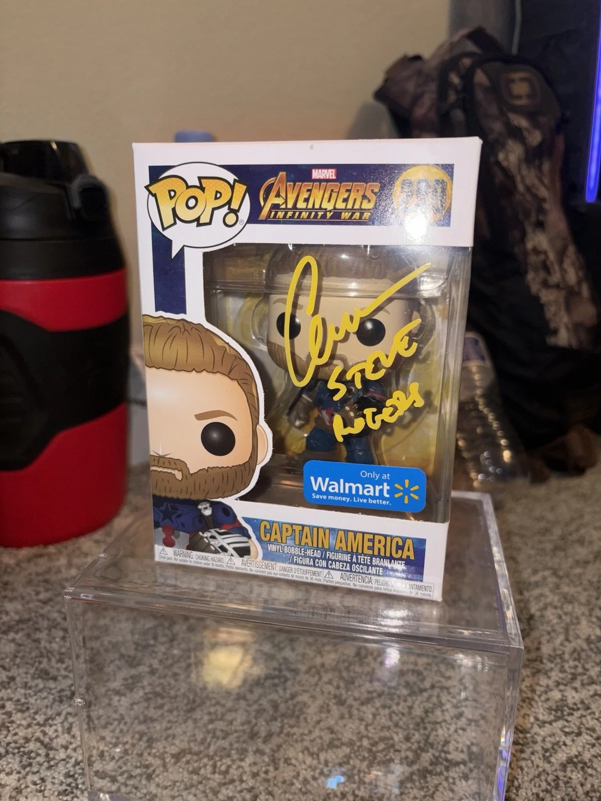 chris evans — Chris Evan’s Captain America Signed Funko Pop #299 Character Name COA - SWAU, image 2